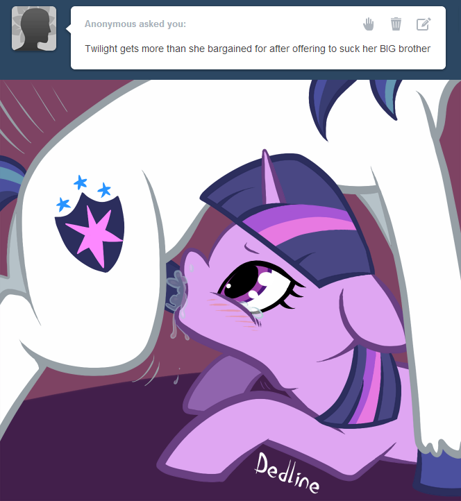 brother_and_sister cutie_mark dedline deepthroat equine fellatio female friendship_is_magic horn horse incest my_little_pony oral penis pony sex shining_armor shining_armor_(mlp) straight_hair tears text_box throat_bulge twilight_sparkle_(mlp) unicorn