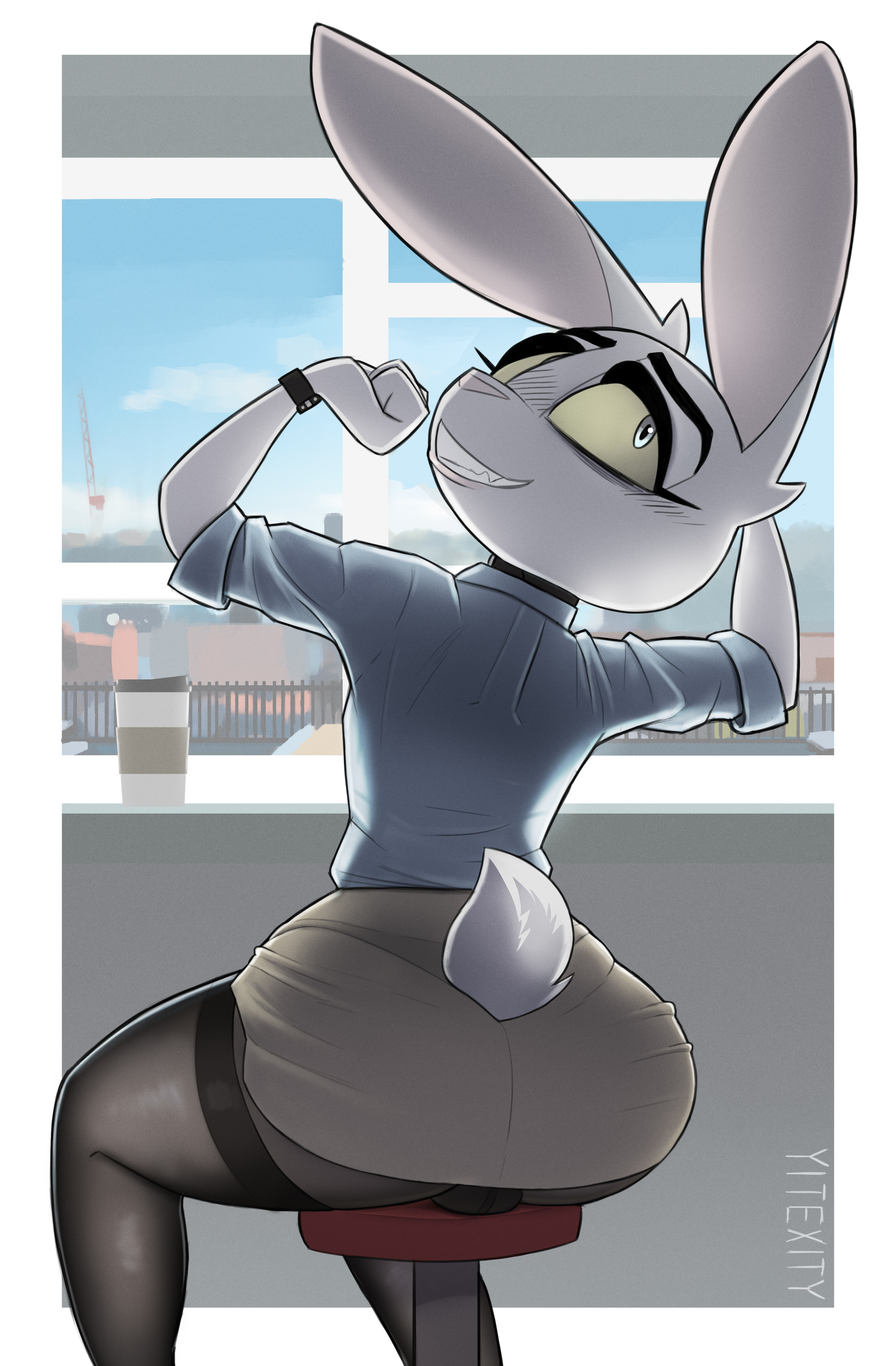 1boy, ass, big ass, bunny, bunny ears, bunny tail, crossdressing, femboy, furry, high thighs, looking at viewer, looking back, male, male only, male shortstack, office, rabbit, secretary, skirt, solo, stretching, tail, texi (yitexity), yitexity