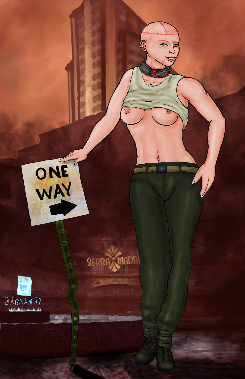 1girls areolae bagman87 breasts building christine_royce collar explosive_collar fallout fallout_new_vegas medium_breasts nipples no_bra outdoors pants post-apocalyptic road_sign shaved_head shirt_lift solo tagme tank_top