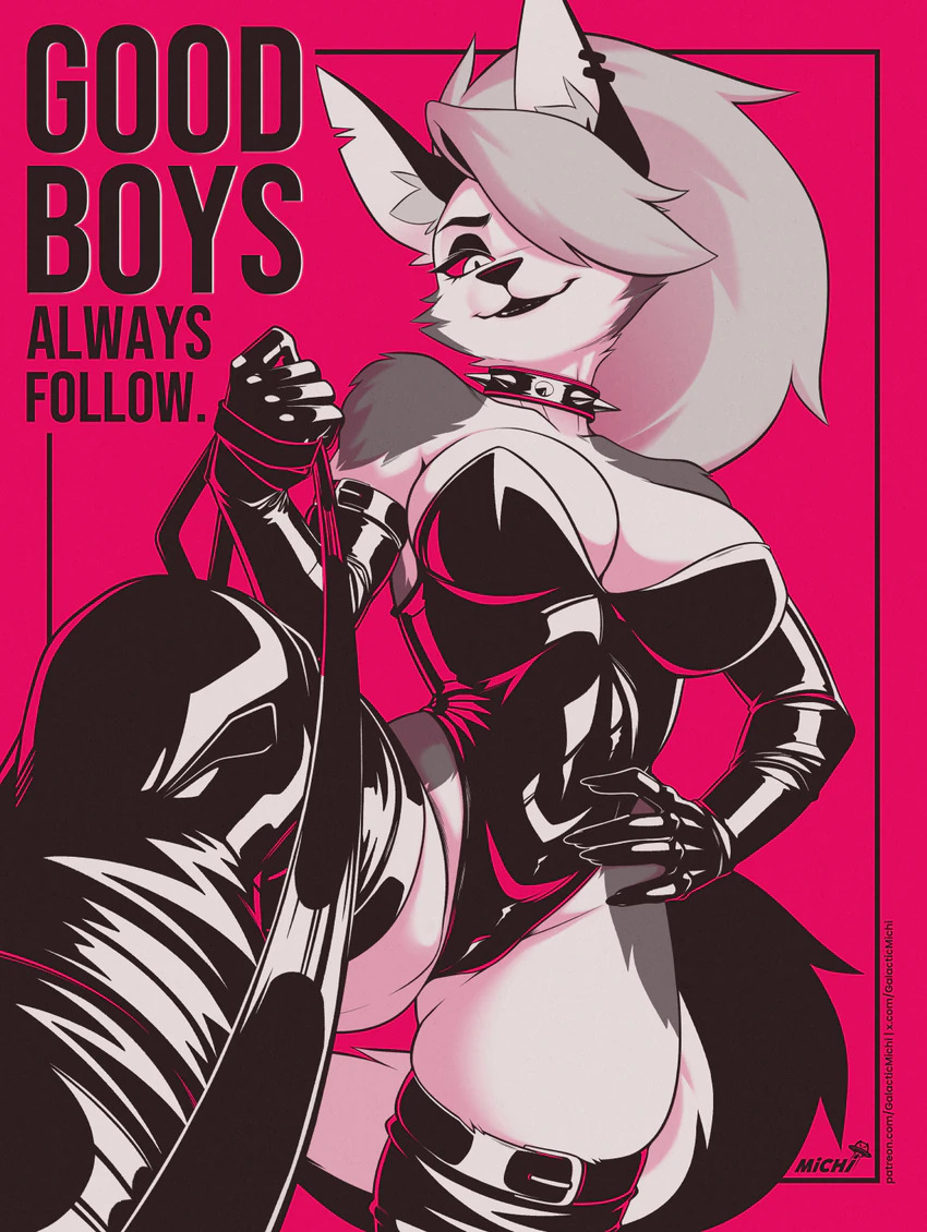 2026, anthro, anthro female, anthro only, anthro solo, armwear, big breasts, biped, black armwear, black clothing, black elbow gloves, black gloves, black handwear, black latex, black legwear, black leotard, black thigh boots, black thigh highs, bodysuit, boots, breasts, bunnysuit, canid, canid demon, canine, canis, clothed, clothed anthro, clothed female, clothing, collar, demon, demon girl, demon humanoid, elbow gloves, female, female anthro, female focus, female only, female solo, footwear, fur, furry, furry female, galacticmichi, gloves, grey body, grey fur, grey hair, hair, handwear, hellhound, helluva boss, hi res, latex, latex armwear, latex boots, latex clothing, latex elbow gloves, latex footwear, latex gloves, latex handwear, latex legwear, latex leotard, latex thigh boots, latex thigh highs, legwear, leotard, loona (helluva boss), mammal, multicolored body, multicolored fur, mythological canine, mythological creature, pink background, red eyes, red sclera, shoes, side bangs, simple background, solo, solo female focus, solo focus, spiked collar, spikes, standing, thigh boots, thigh highs, two tone body, two tone fur, white body, white fur, white irises