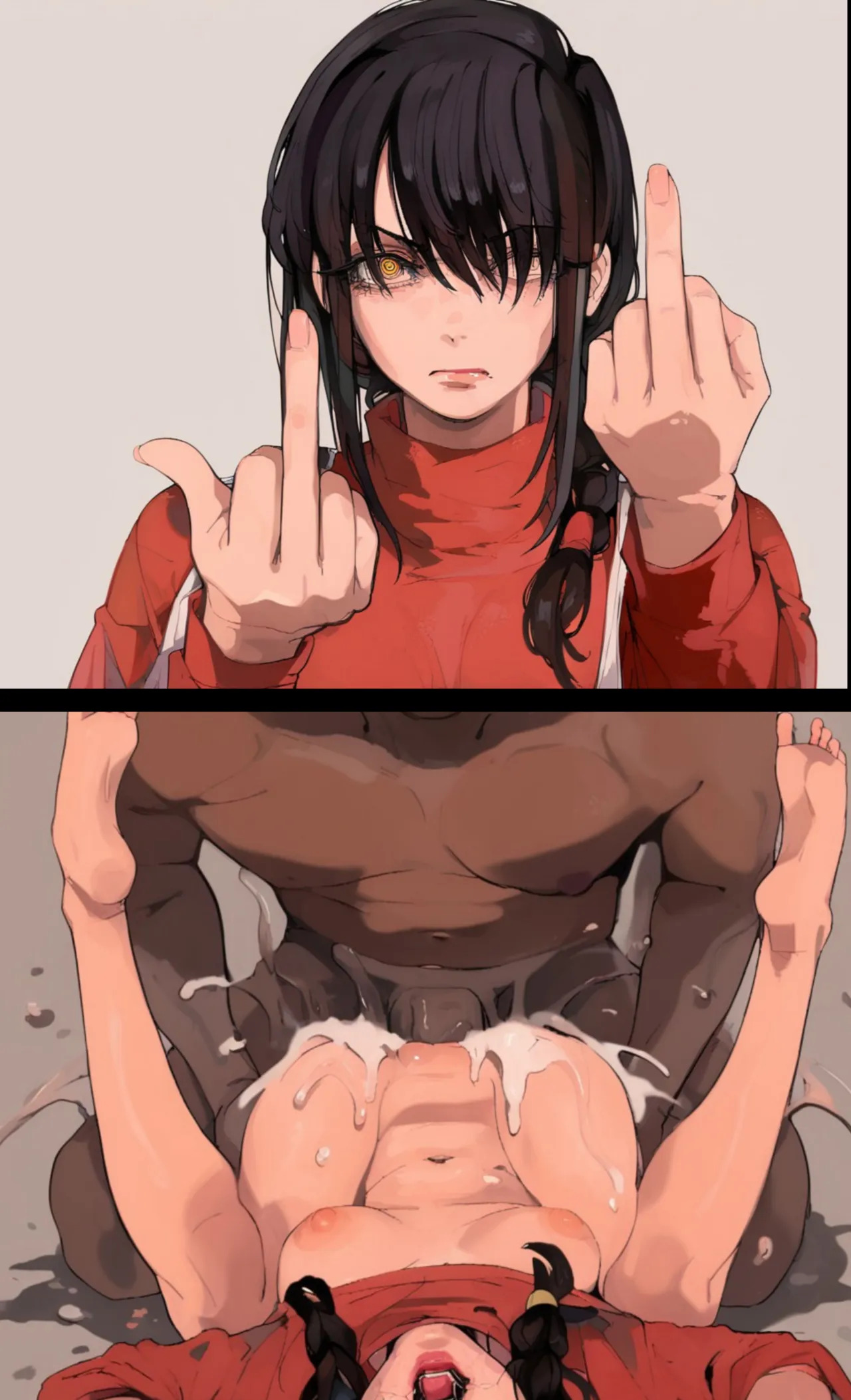 1boy, 1girls, ai generated, angry, angry face, black hair, chainsaw man, cum, cum in pussy, cum inside, dark skin, dark-skinned male, defeated, dominant male, domination, female, femsub, focus, interracial, light skin, light-skinned female, male, mamimi (mamamimi), middle finger, nayuta (chainsaw man), older male, raped female, sex, straight, younger female