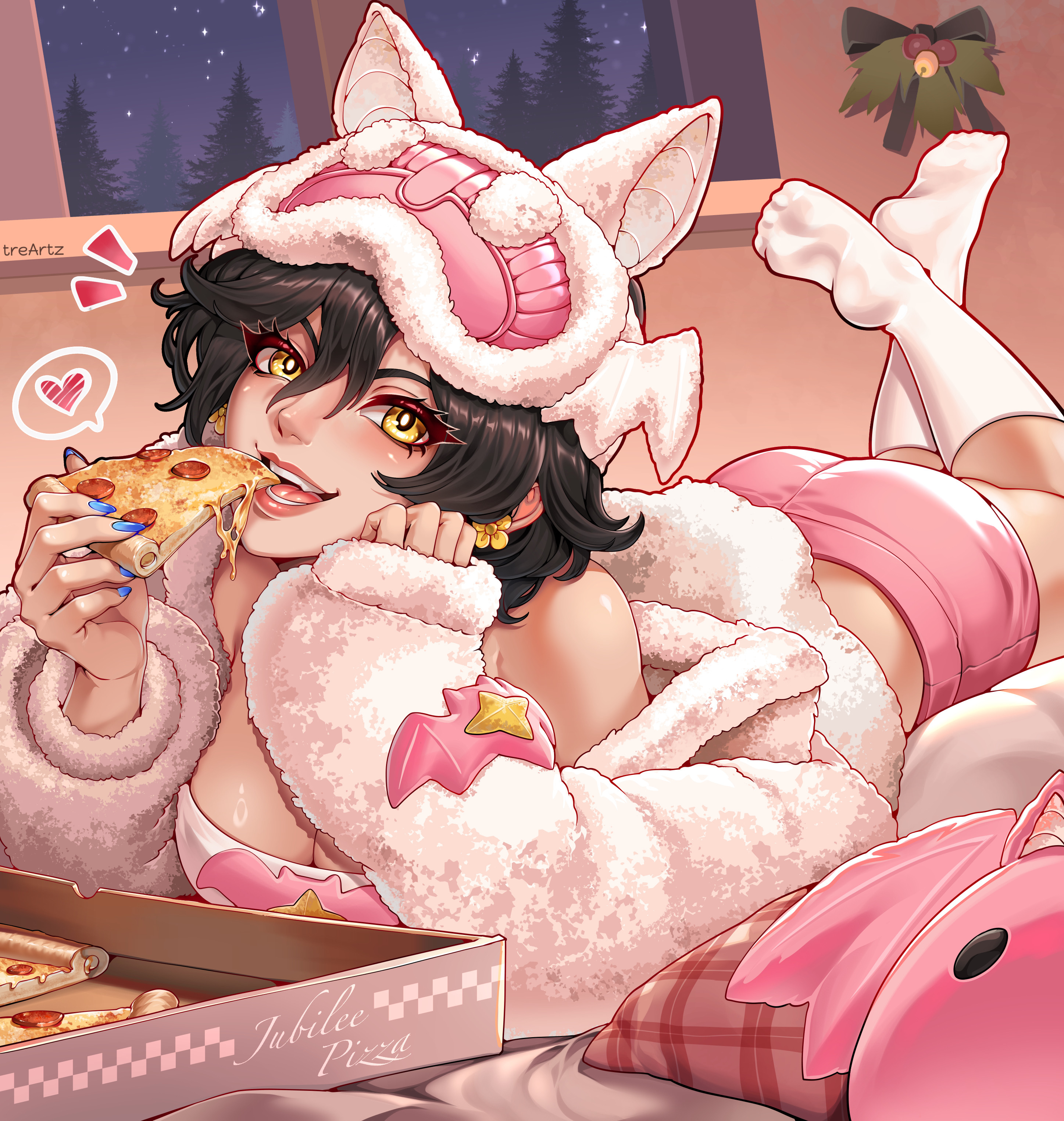 1girls, 2d, asian, asian female, ass, big breasts, bubble ass, bubble butt, cleavage, eating, feet, female, female only, foot fetish, heart, jubilation lee, jubilee, jubilee (marvel rivals), jubilee (vampy jammies), looking at viewer, marvel, marvel rivals, pizza, pizza box, pov, socks, solo, thick thighs, treartz