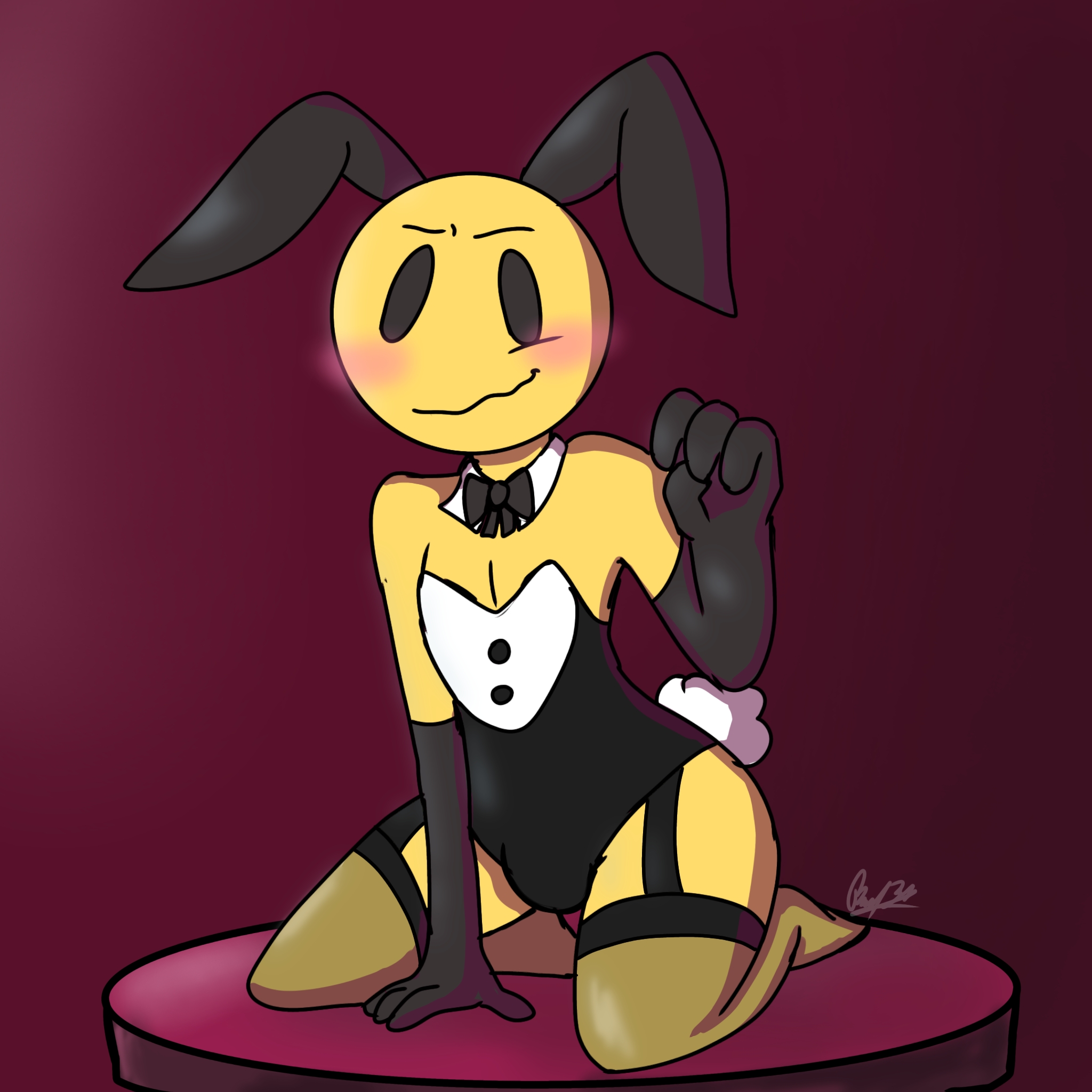 blush, bunnysuit, emoji, femboy, looking at viewer, pose, sitting, smile, verity (thatmob), yellow body