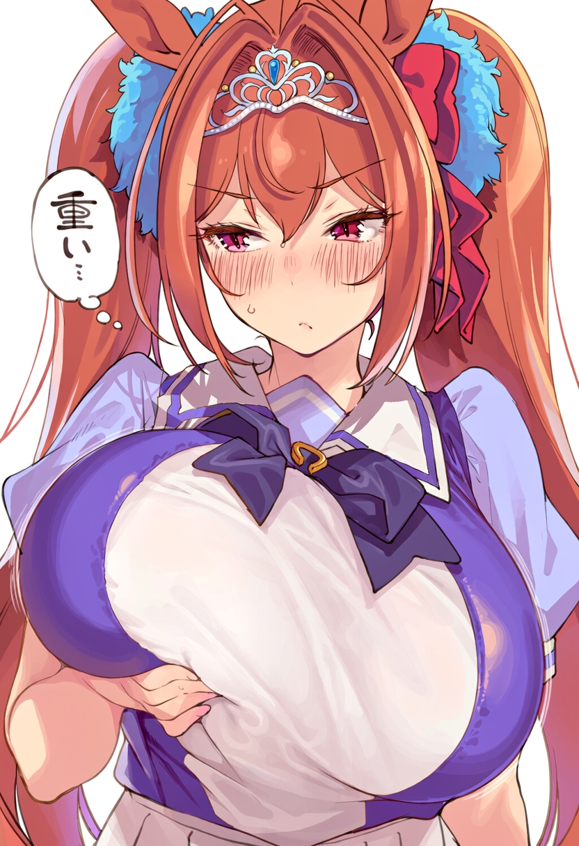 1girls, 2020s, 2026, 2d, 2d (artwork), 2d artwork, ai, ai art, ai generated, ai-created, big boobs, big breasts, big tits, big titties, blush, blush lines, blushing, blushing profusely, boobs, bow, bow ribbon, breasts, brown hair, brown hair female, clothed, clothed female, clothes, daiwa scarlet (umamusume), dialogue, digital drawing (artwork), digital media, digital media (artwork), ears, ears up, eyebrows, eyelashes, eyes, eyes open, female, female focus, female only, fingernails, fingers, furry ears, girl, grope, groping, groping breast, groping breasts, groping own breast, headwear, horse ears, horse girl, humanoid, japanese text, large boobs, large breasts, large tits, light body, light skin, light skin female, light skinned, light skinned female, light skinned-female, light-skinned female, long ears, long hair, long hair female, looking away, looking down, nails, non-human, ponytail, ponytail female, ponytails, red eyes, school uniform, schoolgirl uniform, sexually suggestive, simple background, sirakomasumosu, skirt, speech, speech bubble, suggestive, suggestive look, text, thought bubble, tits, touching breast, touching own breast, touching self, umamusume, umamusume pretty derby, voluptuous, voluptuous body, voluptuous female, white background