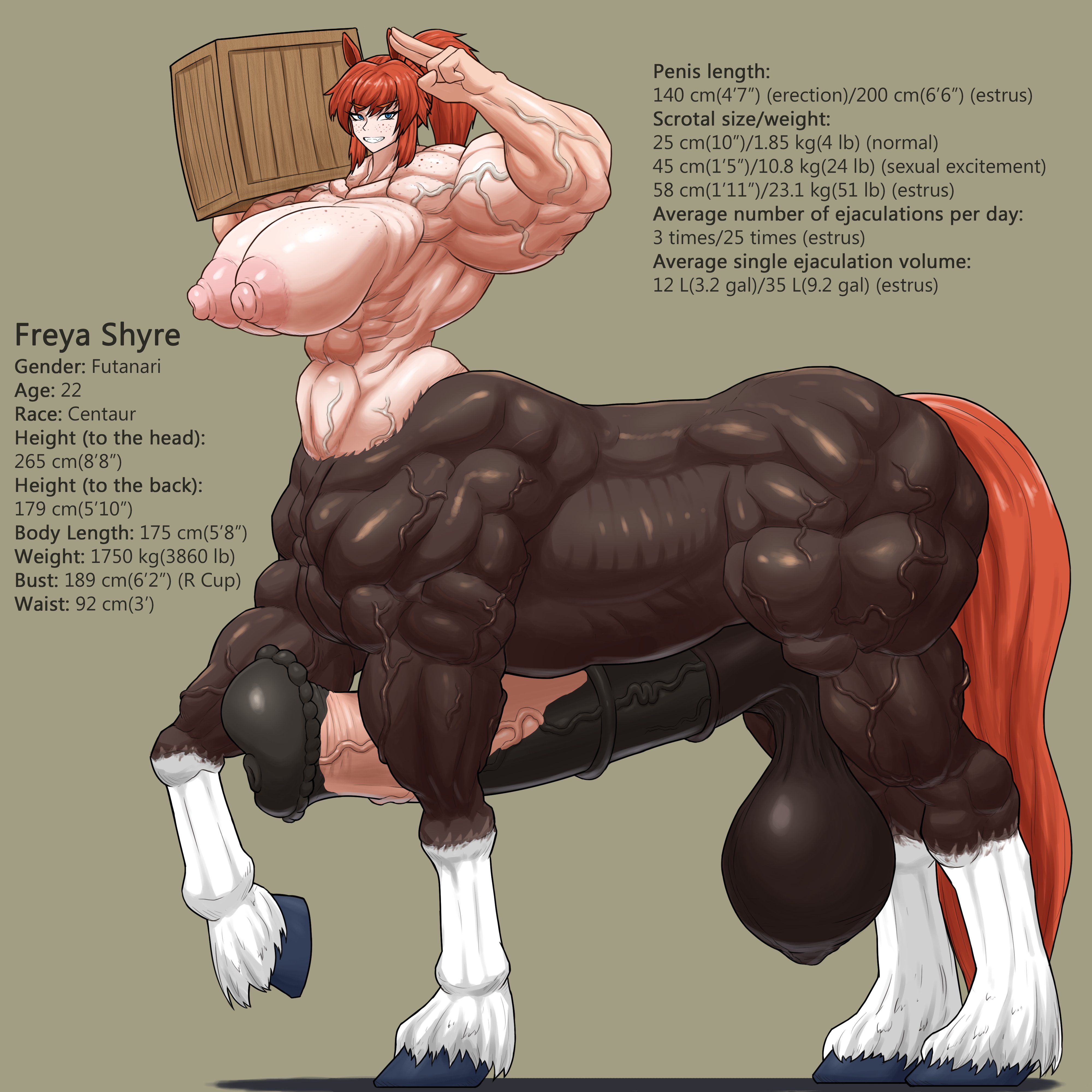 abs, centaur, centauress, futanari, horsecock, huge breasts, measurements, muscular, smiling, taur, turkey system
