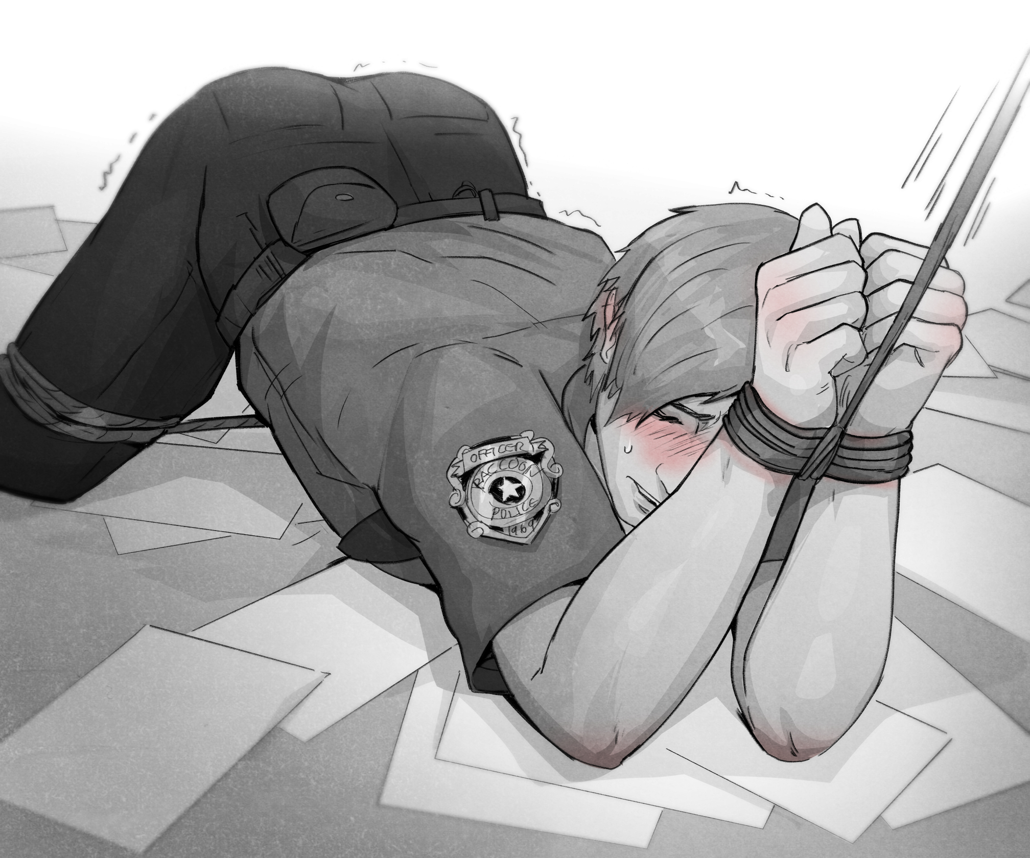 1boy, arched back, ariesbutworse, blushing, bondage, clothed, clothed male, face down ass up, fully clothed, greyscale, legs tied, leon scott kennedy, light skin, light-skinned male, limited color, male, male only, malesub, no visible genitalia, pinup, police, police officer, police uniform, resident evil, resident evil 2, shaking, short hair, simple background, solid color background, solo, solo male, spot color, tied hands, tied up, tremble lines, trembling, white background, wrists bound, wrists tied