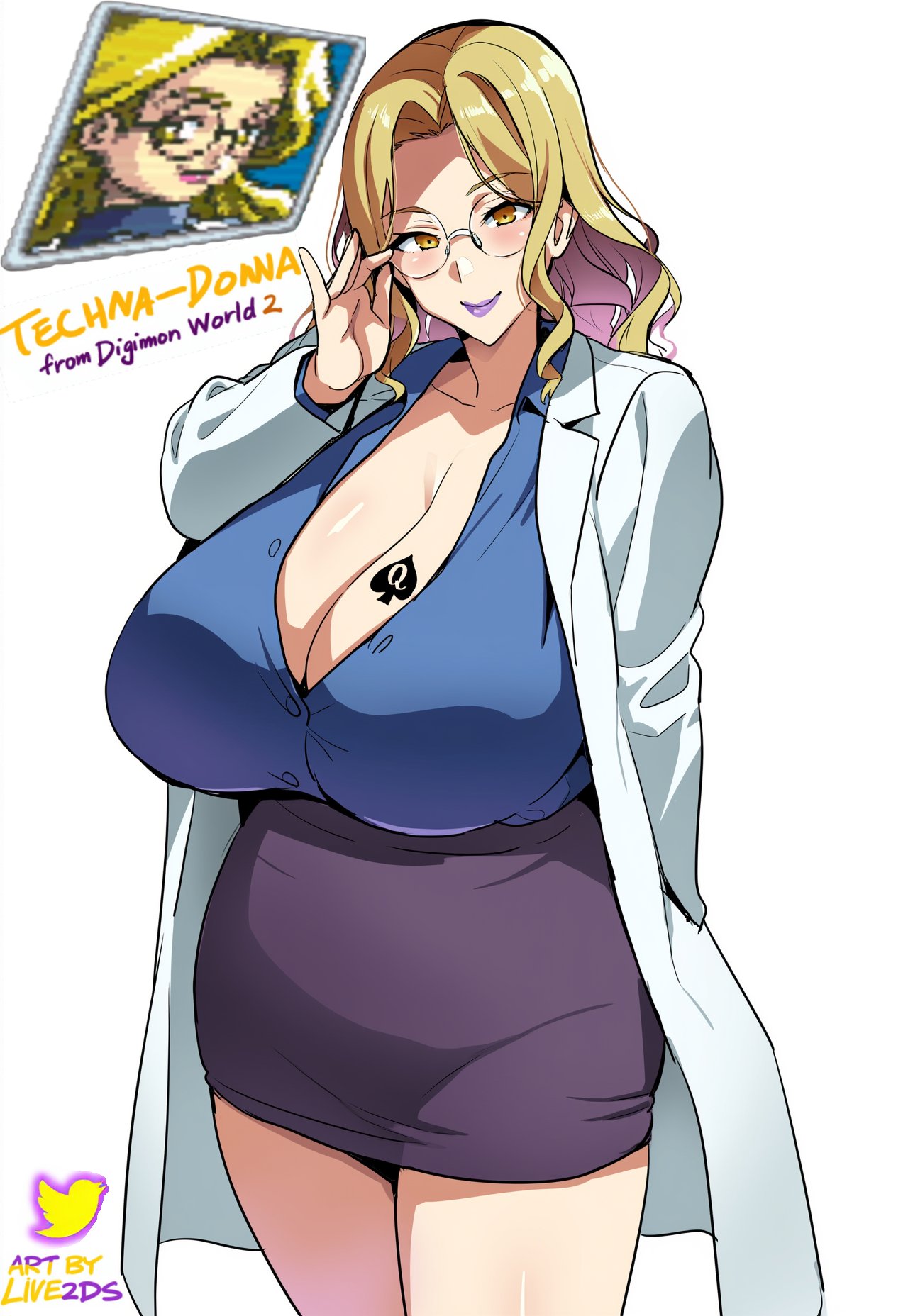 1girls, 2d (artwork), adjusting glasses, alternate universe, artist name, bandai namco, beautiful female, beautiful woman, blonde, blonde eyebrows, blonde female, blonde girl, blonde hair, blonde hair female, blonde haired female, blonde haired woman, blonde woman, blonde-haired female, circle glasses, circular glasses, curvy, curvy figure, digimon, digimon world, dress, glasses, huge breasts, human, lab coat, labcoat, light skin, light-skinned female, lips, lipstick, live2ds, nose, purple lips, purple lipstick, purple skirt, qos, qos tattoo, queen of spades, queen of spades symbol, queen of spades tattoo, short skirt, simple background, skirt, spade, spade tattoo, tattoo, tattoo on breast, tattooed breast, tight skirt, twitter logo, voluptuous, voluptuous female, watermark, white background, yellow eyebrows, yellow eyes