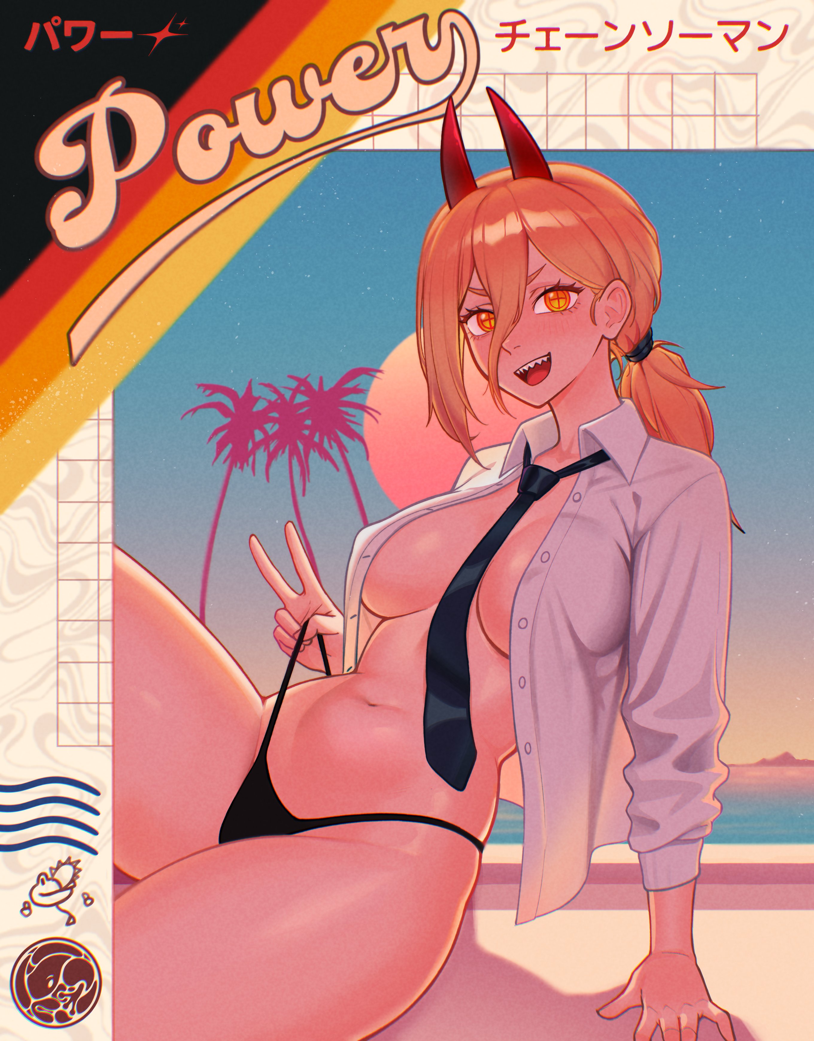 1girls, alternate version available, black thong, blonde hair, blush, breasts, chainsaw man, character name, cleavage, demon, demon girl, demon horns, female, female only, hair, horns, medium breasts, necktie, neckwear, no pubic hair, open shirt, ponytail, power (chainsaw man), ronokay, sharp teeth, shaved pussy, shirt, solo, solo female, thighs, thong, tied hair, topwear, white shirt, yellow eyes