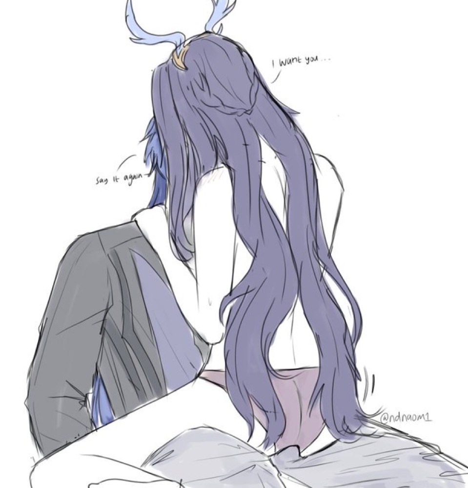 antlers, ass, back view, backside, big ass, big breasts, big bulge, bulge, curvy, curvy female, dirty talk, dry humping, flins (genshin impact), fully clothed male, genshin impact, half naked female, hetero, humping, kissing, lauma (genshin impact), long hair, male/female, panties, panties only, purple hair, sideboob, sitting on lap, talking to another, topless