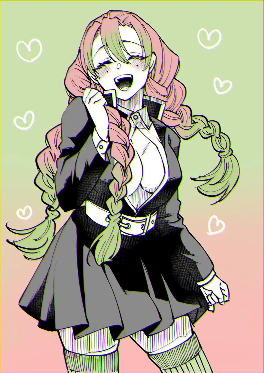1girls, arm at side, belt, belt buckle, big breasts, blush, blush lines, blushing, braid, braided hair, braided ponytail, braided twintails, breasts, buckle, cleavage, closed eyes, commentary request, cowboy shot, cute, demon slayer, demon slayer uniform, facing viewer, gradient background, green background, green thighhighs, greyscale with colored background, hand up, hatching (texture), heart, highres, kanroji mitsuri, kimetsu no yaiba, large breasts, linear hatching, long hair, long sleeves, mole, mole under each eye, mole under eye, multiple braids, multiple moles, no, open mouth, pink background, simple background, skirt, smile, solo, teeth, thighhighs, tri braids, tri tails, upper teeth only, zettai ryouiki