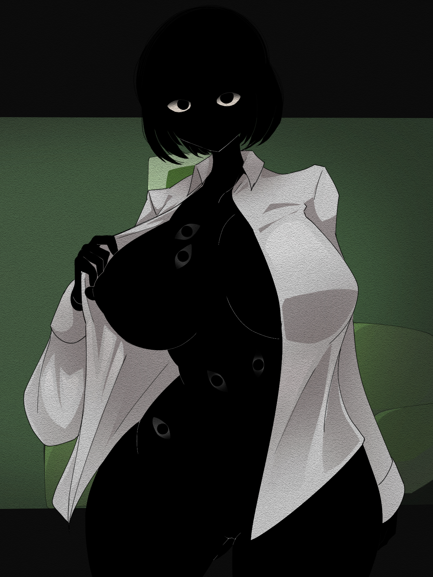 1girls, 2026, 2d, 2d (artwork), big breasts, black body, black hair, boobs, breasts, color, colored, digital media (artwork), eyes, female, female only, front view, green background, hair, hi res, huge breasts, large breasts, looking at viewer, meowbox, nate hand gesture, nipples, partially clothed, shirt, shirt only, shirt open, short hair, simple background, solo, thick thighs, thighs, tits, video game character, video games, viewed from front