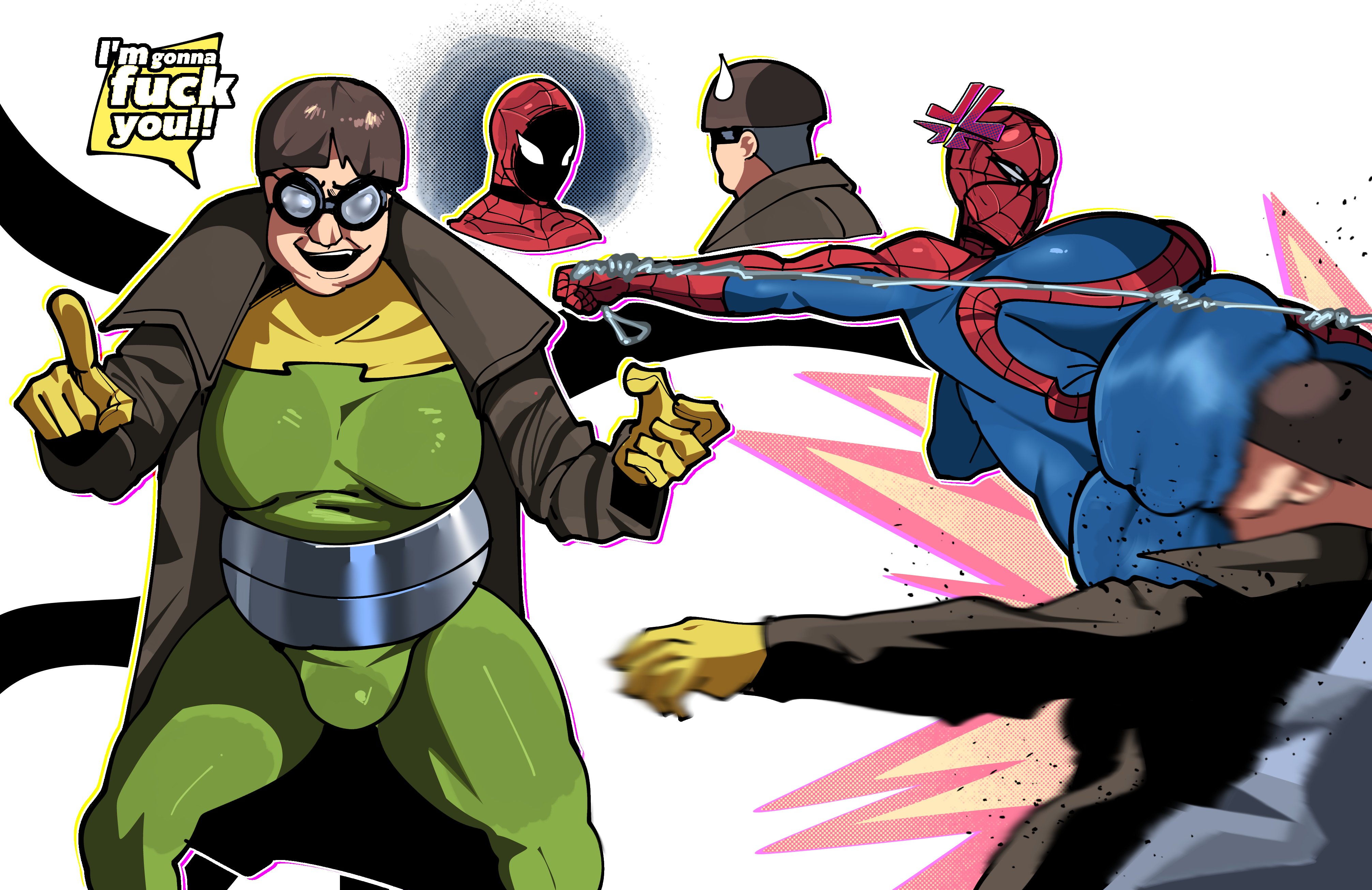 1boy, 1girls, angry, angry expression, ass, ass to face, big breasts, breasts, bubble ass, bubble butt, bulge, dat ass, doctor octopus, dumptruck ass, enormous ass, fat ass, fat male, female, giant ass, gigantic ass, huge ass, huge breasts, hyper breasts, large ass, large breasts, marvel, nipples visible through clothing, peter parker, petra parker, pissed off, rule 63, shinhyunxi, spider-man, spider-man (series), thick ass, ugly bastard