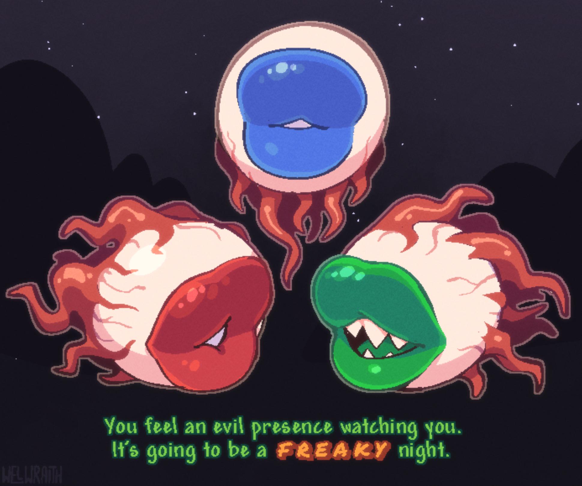 big lips, blue lips, blue lipstick, colored lips, colored lipstick, english text, eye of cthulhu, eye of cthulhu (terraria), eyeball, eyeballs, floating, glossy lips, green lips, green lipstick, huge lips, lips, night, orb body, red lips, red lipstick, tagme, terraria, text, welwraith