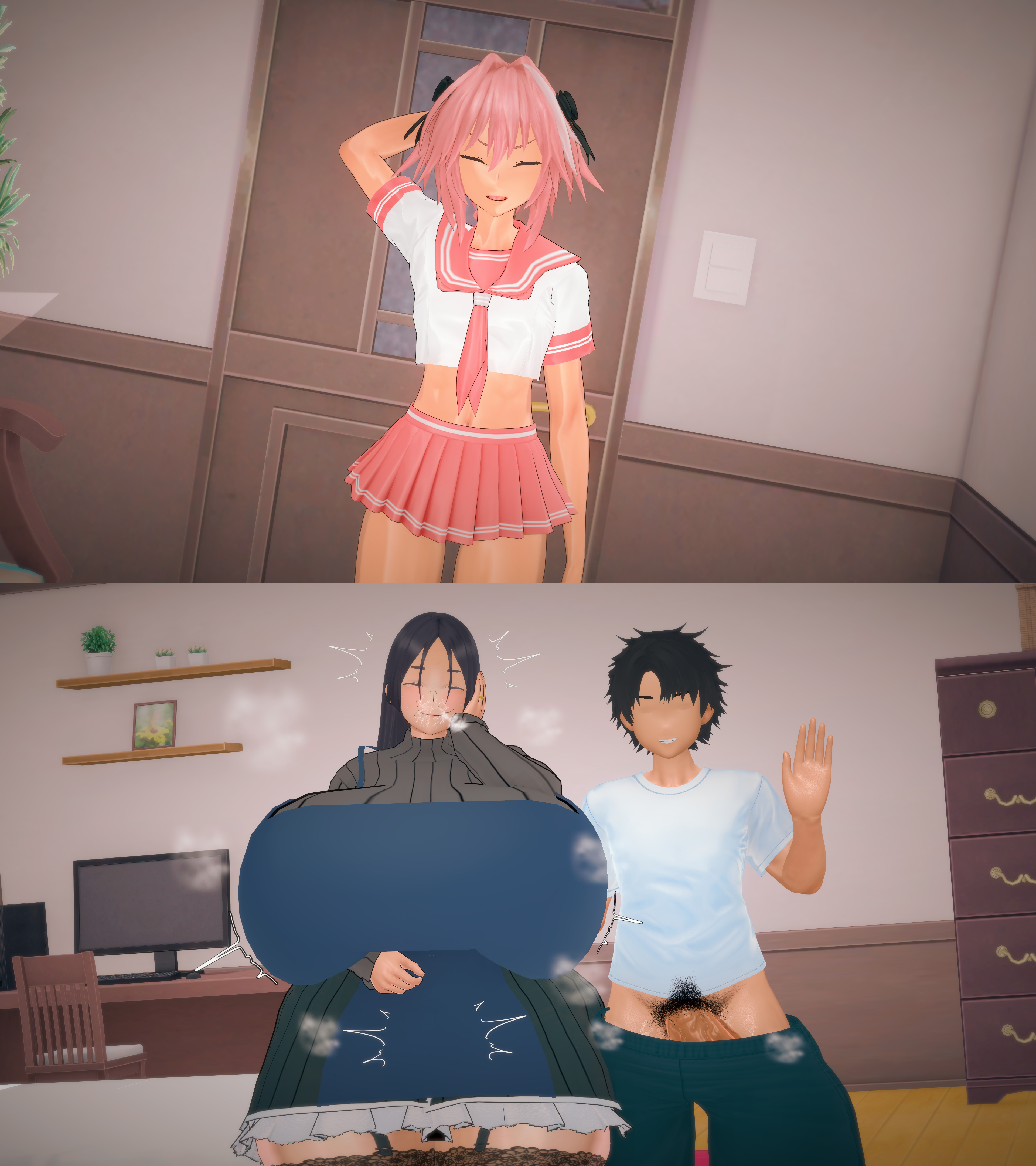 1girls, 3d, after sex, big penis, bigger female, chubby, chubby female, fate (series), fate/grand order, female, femboy, fujimaru ritsuka (male), gustavo40, huge ass, huge breasts, huge cock, koikatsu, male, mature female, milf, minamoto no raikou (fate/grand order), netori, ntr, pubic hair, pubic hair in mouth, purple hair, tagme, theaxelra, venus body