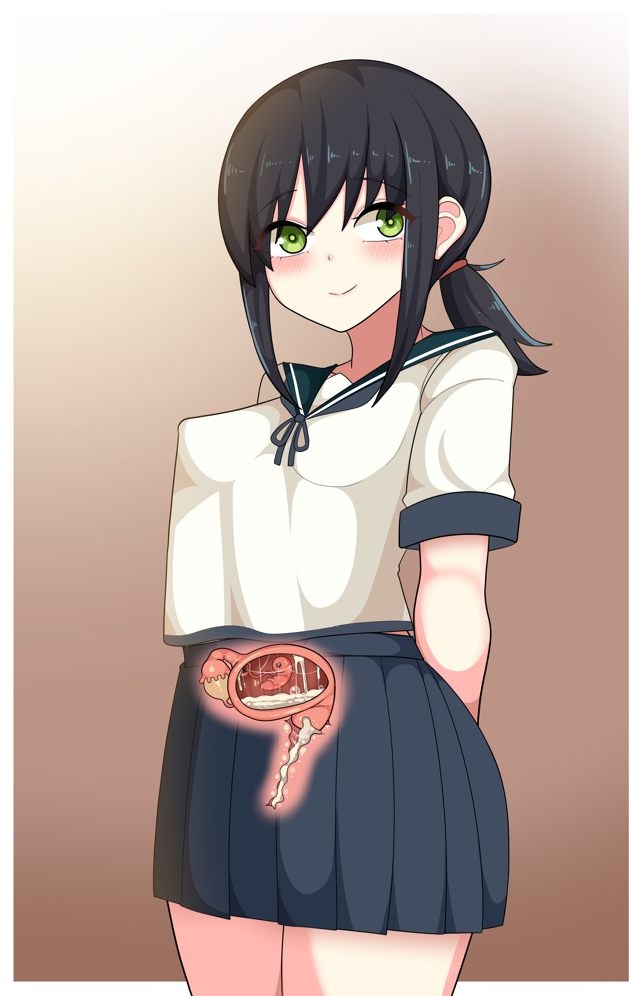 1girls, after sex, arms behind back, black hair, blue skirt, blush, cervix, clothed, clothing, cum, cum filled, cum in pussy, cum in uterus, cum inside, domaniax, early pregnancy, fallopian tubes, female, fetus, fubuki (kantai collection), green eyes, kantai collection, legs together, ovaries, pokies, ponytail, pregnant, school uniform, schoolgirl, serafuku, shirt, short hair, skirt, smile, solo, standing, umbilical cord, uterus, white shirt, x-ray