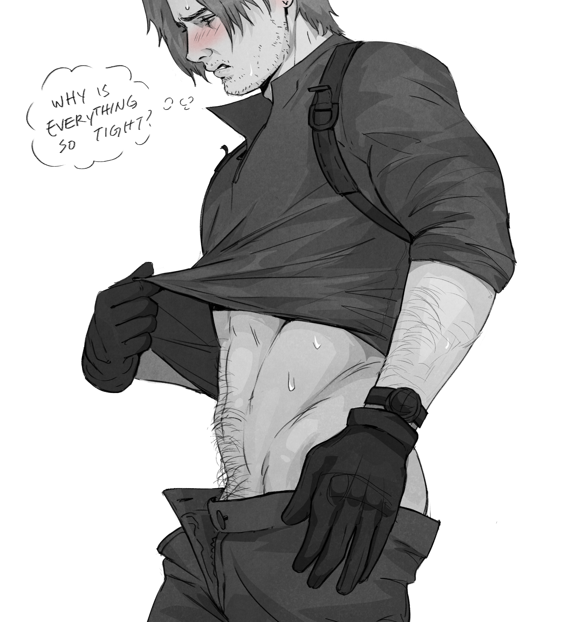 1boy, abs, ariesbutworse, arm hair, big ass, big ass (male), blush, body hair, compression shirt, dilf, english, english text, facial hair, gloves, greyscale, happy trail, leon scott kennedy, lifting shirt, light skin, light-skinned male, limited color, male, male only, mature male, muscular, muscular arms, muscular male, muscular shoulders, pants open, partially clothed, partially clothed male, pinup, pubic hair, resident evil, resident evil 9: requiem, short hair, shoulder holster, solid color background, solo, solo male, spot color, stubble, sweat, sweatdrop, text, thought bubble, undressing, undressing self, v-line, watch, white background