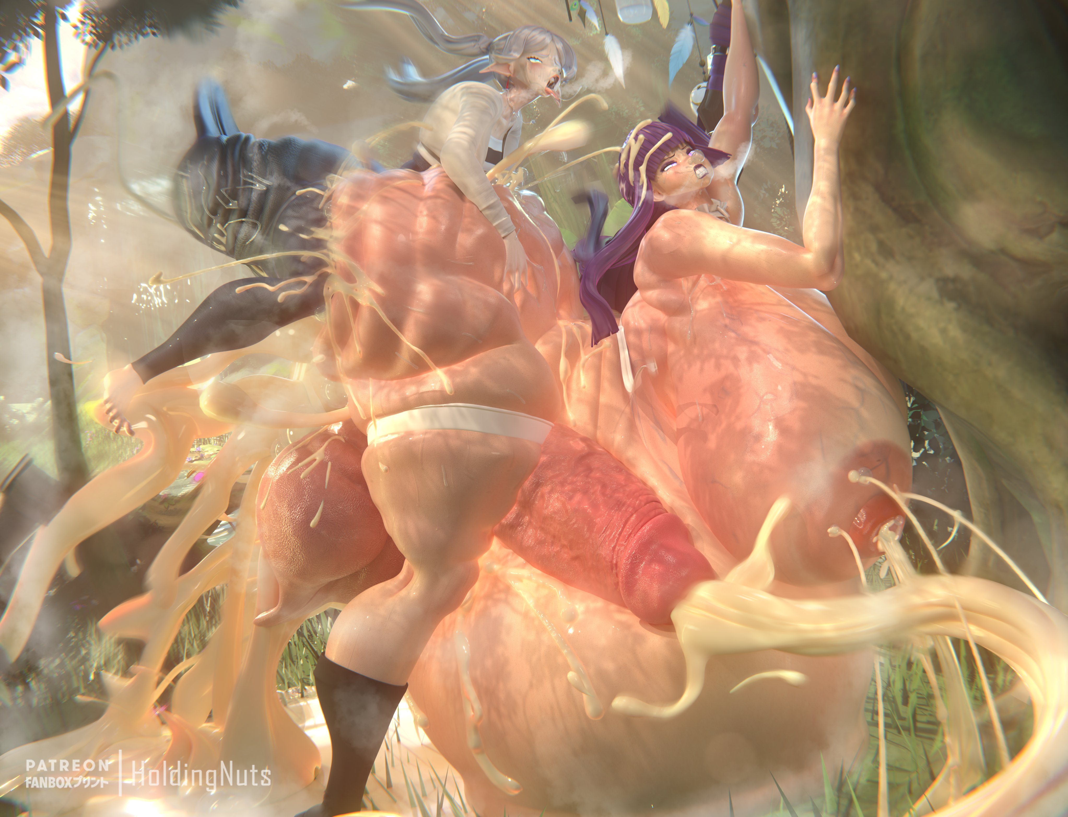 2futas, 3d, ass, breasts, breasts bigger than head, busty, cum, cum inside, cum while penetrated, cumflated belly, cumflation, cumshot, ejaculation, ejaculation while penetrated, elf, elf ears, elf futa, erect while penetrated, erection, fern (sousou no frieren), frieren, frieren beyond journey's end, futa on futa, futa only, futanari, holdingnuts, hung, hung bottom, hung futa, hyper, hyper ass, hyper balls, hyper belly, hyper breasts, hyper cumflation, hyper genitalia, hyper penis, hyper thighs, light skin, light-skinned futa, outdoor nudity, outdoor sex, outdoors, penis, purple hair, rolling eyes, sex, sex from behind, size difference, sousou no frieren, tagme, thick thighs, thighhighs, thighs, tongue, tongue out, twintails, white hair
