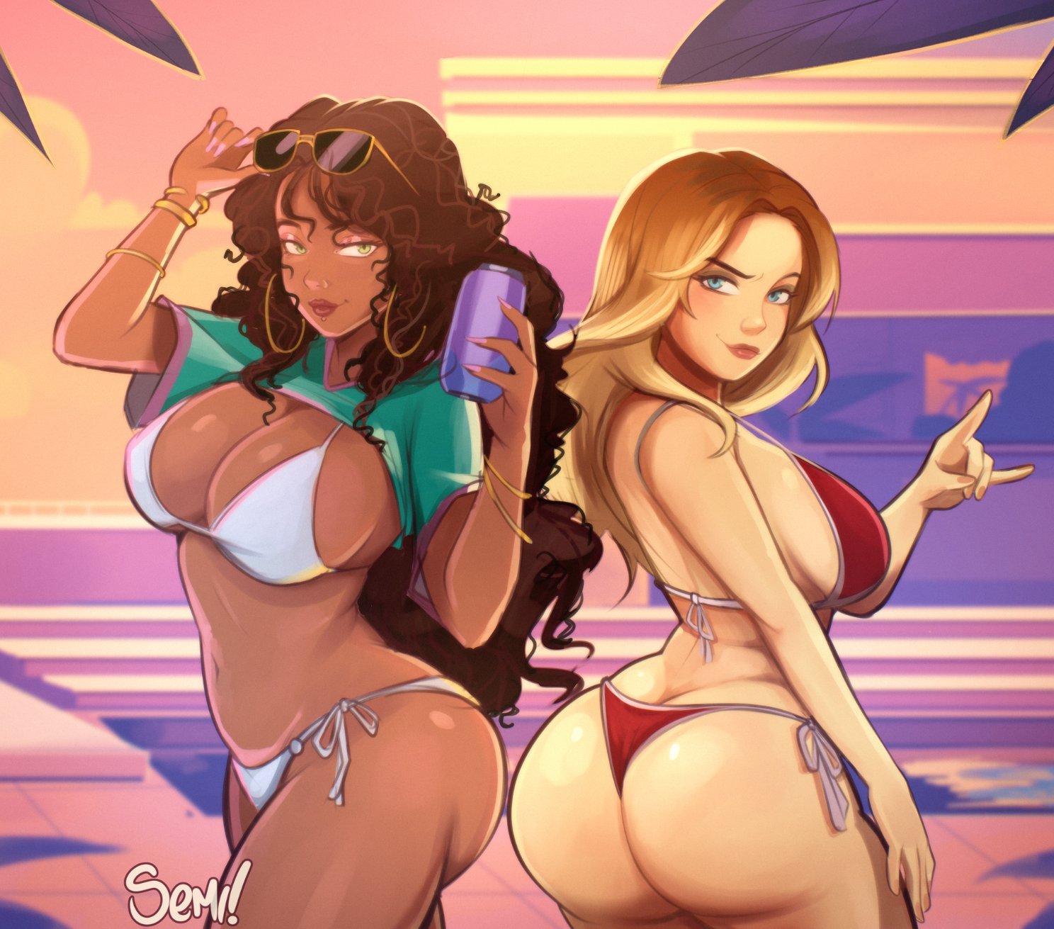 2d, 2d (artwork), 2girls, afrolatina, ass, big breasts, bikini, blonde hair, brown hair, busty, busty female, chocolate and vanilla, crossover, curvy, curvy female, dark skin, dark-skinned female, exposed hips, grand theft auto, grand theft auto v, grand theft auto vi, gta vi cover girl, gtav cover girl, hip cleavage, hip cutout, hip vent, hoop earrings, hoop earrings oversized, large ass, large breasts, leaning hips, light skin, light-skinned female, long hair, looking at viewer, pale-skinned female, semidraws, strutting, take your pick, thong bikini bottom, voluptuous female, wide hips