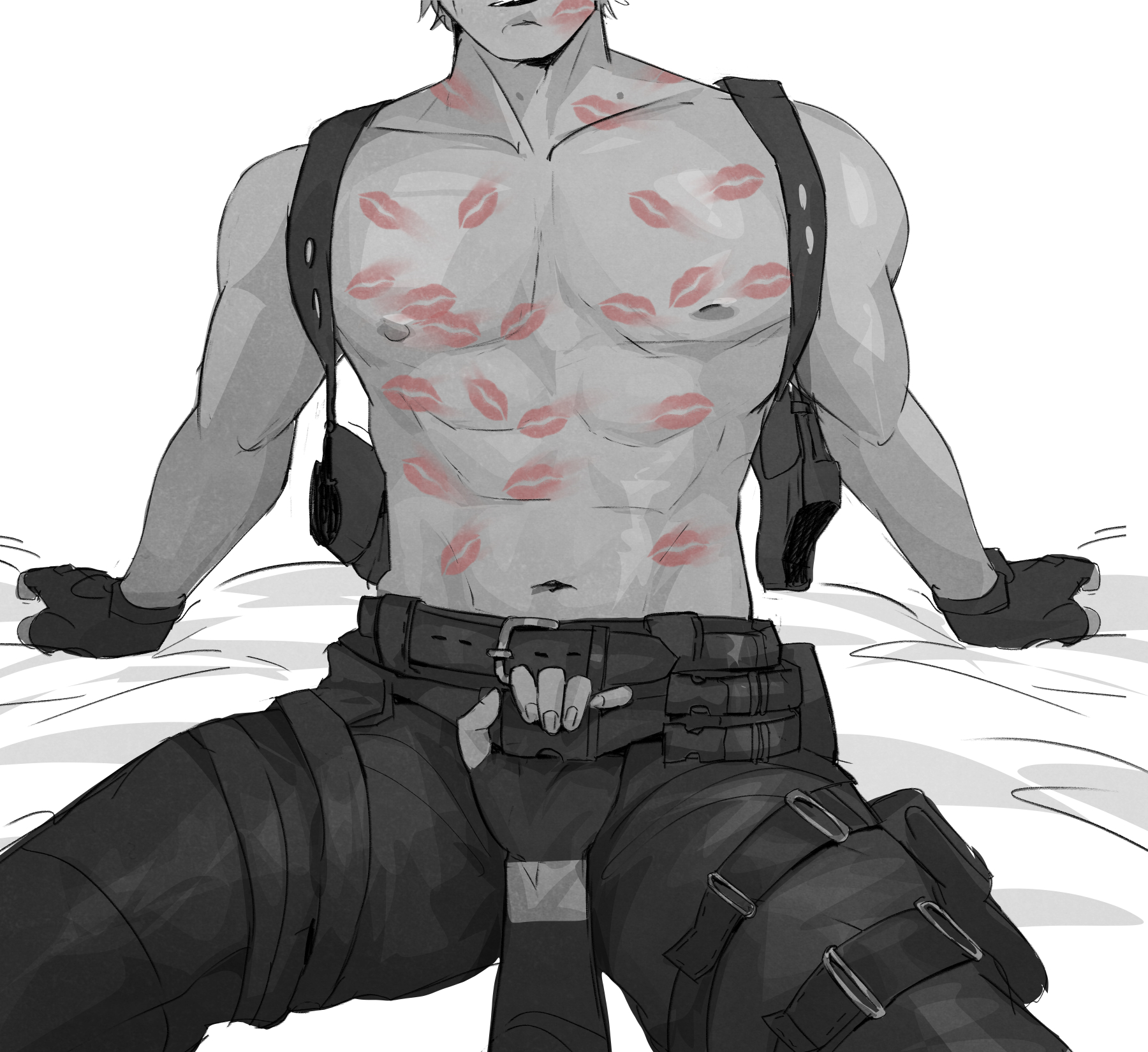 1boys, 1girls, abs, ada wong, ariesbutworse, belt pull, capcom, chest holster, clenched hand, commentary, english commentary, eyes out of frame, fingerless gloves, gloves, head out of frame, highres, leaning back, leon s. kennedy, leon scott kennedy, lipstick mark on chest, male focus, navel, partially colored, pectorals, pov, pov hands, resident evil, resident evil 4, stomach, too many lipstick marks, topless male