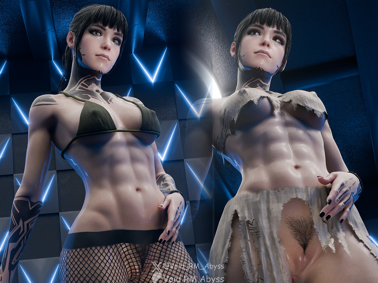 3d, 3d (artwork), 3d model, 3d render, abs, bikini top, bush, bushy pubes, call of duty, call of duty black ops 7, camel toe, cameltoe, cinematic, cinematic lighting, dark hair, emma kagan, female, female focus, female only, fitness, fitness body, fitness girl, mesh stockings, nipple bulge, nude, nude female, oiled, oiled body, oiled skin, pantyhose, patreon, patreon artist, ponytail, pussy, pussy lips, pussy peek, ripped clothes, ripped clothing, tattoo, tattoo on arm, tattoo on chest, tattoos, underboob, voidrmabyss