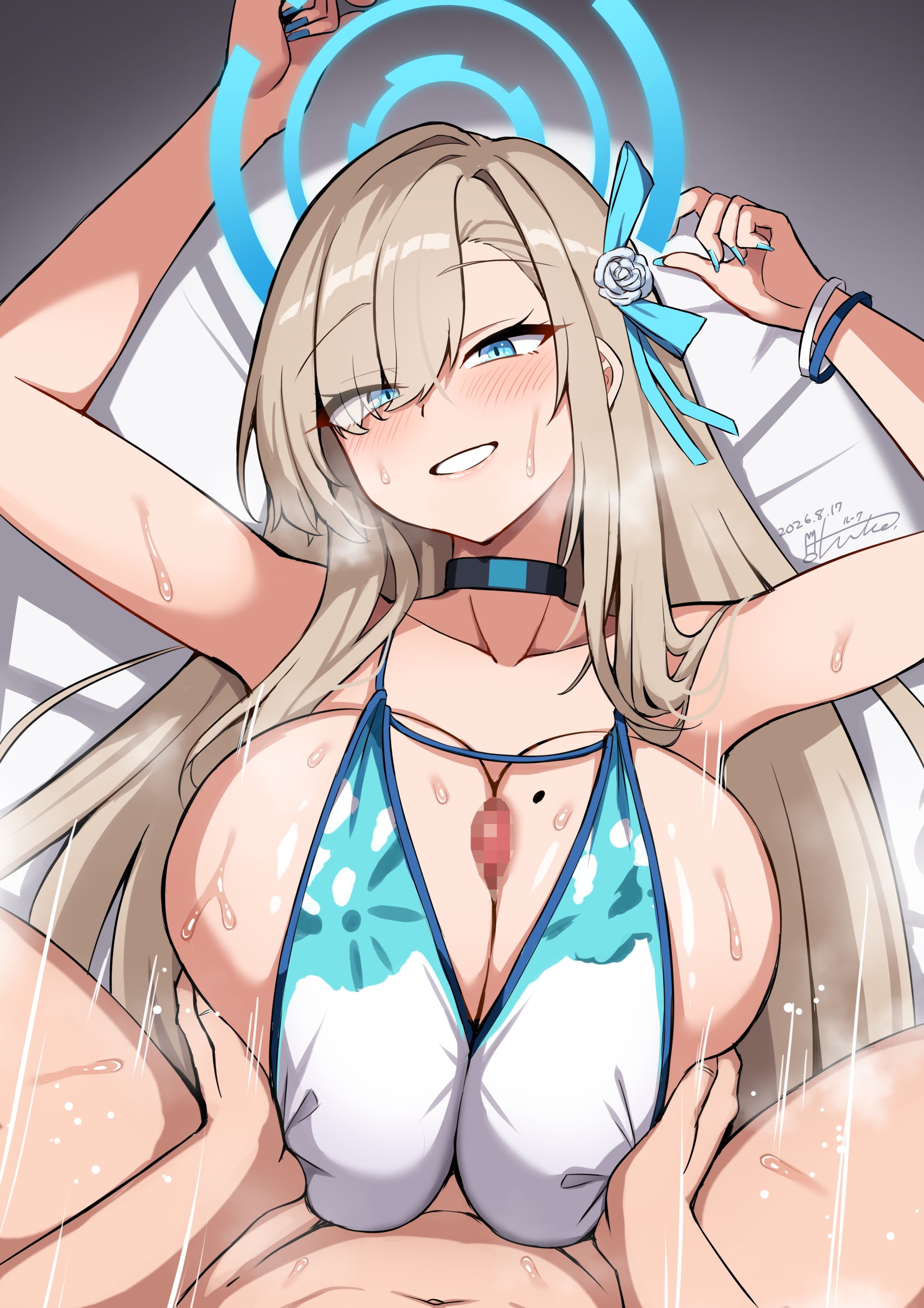 1boy, 1girls, absurdres, asuna (blue archive), bikini, blonde hair, blue archive, blue eyes, blue nails, breasts, breasts squeezed together, cleaning & clearing (blue archive), commentary request, female, grabbing another's breast, groping, hair over one eye, halo, hetero, highres, large breasts, light skin, light-skinned female, light-skinned male, long hair, looking at viewer, lu ke ge ge, lu ke ge ge (lu ke ni ki), lying, male, male pov, millennium science school student, mole, mole on breast, on back, paizuri, paizuri under clothes, penis, pov, smile, straddling paizuri, swimsuit