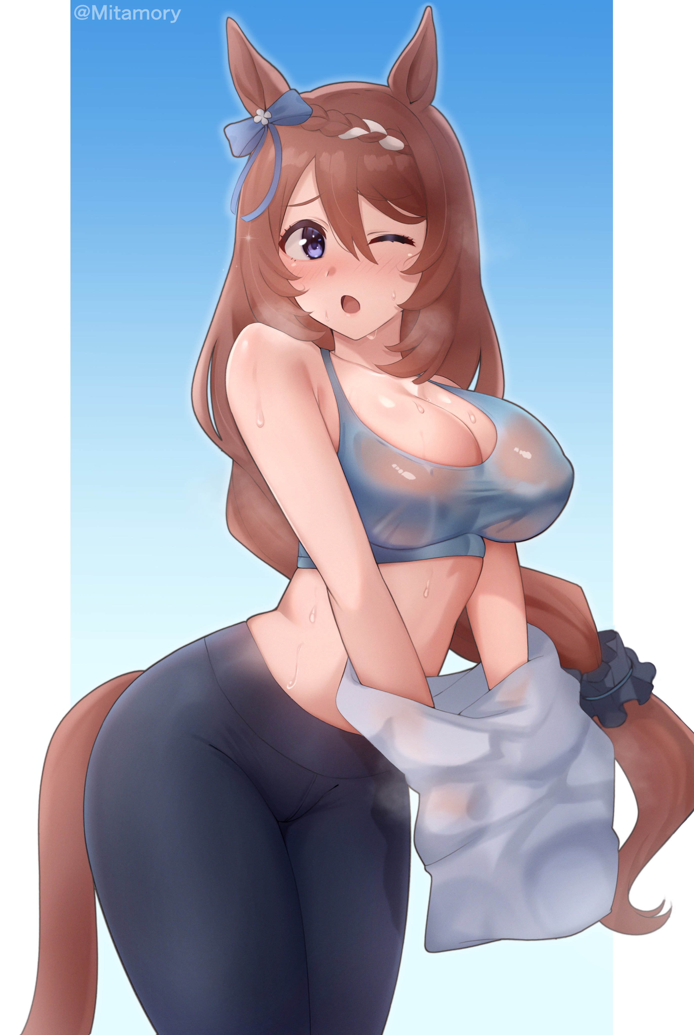 1girl, after workout, black pants, blue eyes, blue sports bra, blush, brown hair, cleavage, gym clothes, horse ears, horse girl, horse tail, large breasts, long hair, mitamory, multicolored hair, one eye closed, open mouth, solo, super creek (umamusume), umamusume, umamusume pretty derby, white hair, yoga pants