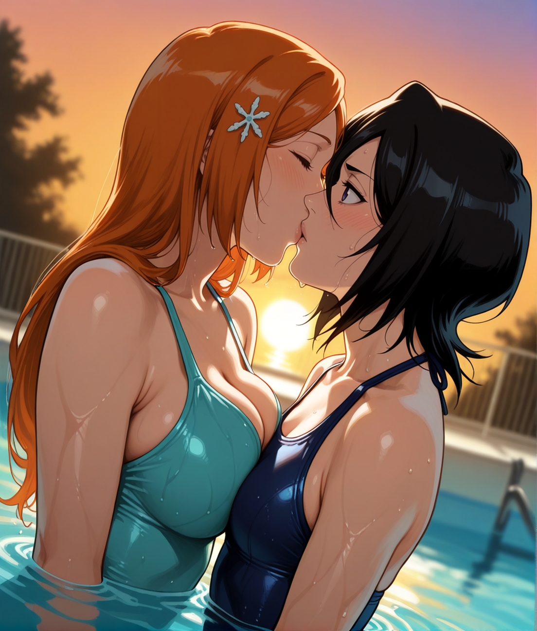 2girls, ai generated, bikini, black hair, bleach, bleach: the thousand-year blood war, blue one-piece swimsuit, blush, breast press, female only, hair ornament, inoue orihime, kiss, kissing, kuchiki rukia, large breasts, lesbian, lesbian kiss, long hair, looking at another, one-piece swimsuit, orange hair, orihime inoue, partially submerged, pool, rukia kuchiki, short hair, small breasts, sunset, symmetrical docking, vilerune, wet, yuri