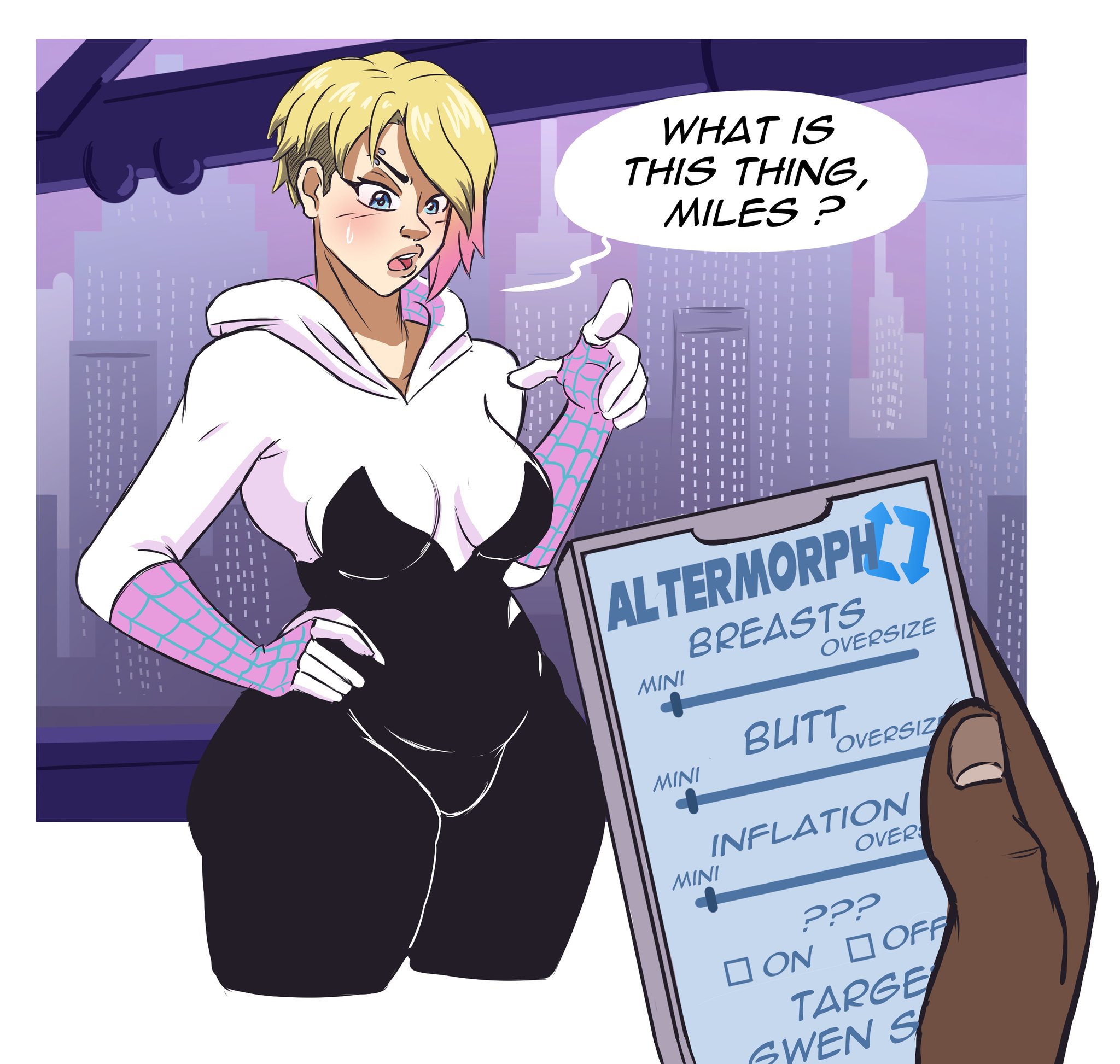 1boy, 1girls, art of agito, attribute slider, blonde hair, blue eyes, blush, duo, female, gwen stacy, imminent expansion, male, male/female, marvel, skin tight, slider, small breasts, spider-gwen, spider-gwen (spider-verse), spider-man (series), spider-man: into the spider-verse, thick thighs, tight clothing, wide hips