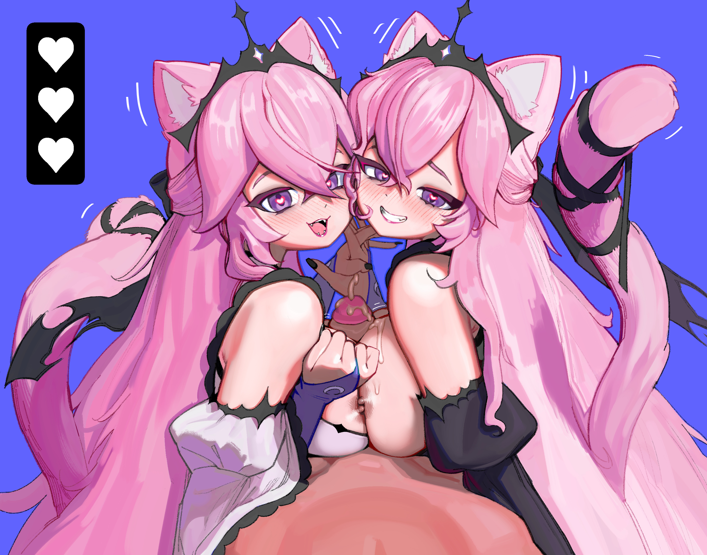 2girls, big breasts, big penis, cat ears, cat girl, cat tail, catgirl, clothed, clothed female, clothed female nude male, cum, cumming, cumming from paizuri, cumming on breasts, double paizuri, dress, exposed breasts, exposed nipples, fangs, fangs out, hand holding, heart eyes, heart-shaped pupils, holding hands, indie virtual youtuber, indie vtuber, long hair, nude male, nyatasha nyanners, open mouth, paizuri, pink hair, point of view, pov, pov eye contact, purple eyes, sedua weynn, semen, semen on breasts, semen on chest, smiling, smiling at another, smiling at partner, smiling at viewer, smiling female, virtual youtuber, vtuber, vtuberfanart