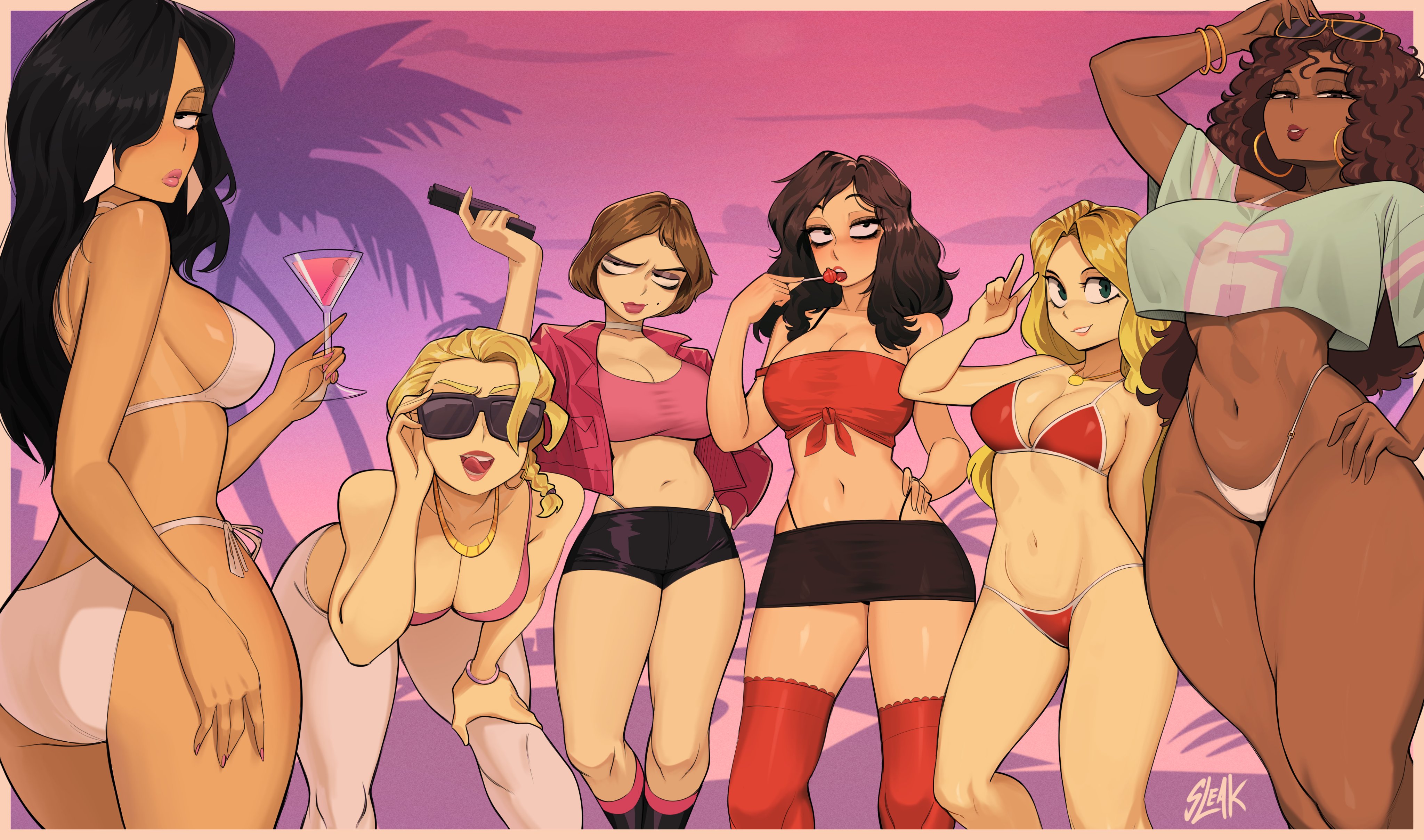 2d, 2d (artwork), 6girls, absurd resolution, beautiful women, belly, bikini, black miniskirt, blonde hair, blue eyes, bracelets, brown eyes, brunette, crop top, crossover, curly hair, dark skin, dark-skinned female, female, female only, femsub, grand theft auto, grand theft auto v, grand theft auto vi, gta vi cover girl, gtav cover girl, high resolution, hoop earrings, latina, latina female, lola del rio, long hair, long nails, mature woman, mature women, miniskirt, misty (gta), multiple girls, navel, painted nails, pale skin, pale skinned female, red bikini, rochelle, short skirt, skirt, sleakj3, straight hair, take your pick, thick thighs, thong, vice city cover girl, white thong, wide hips