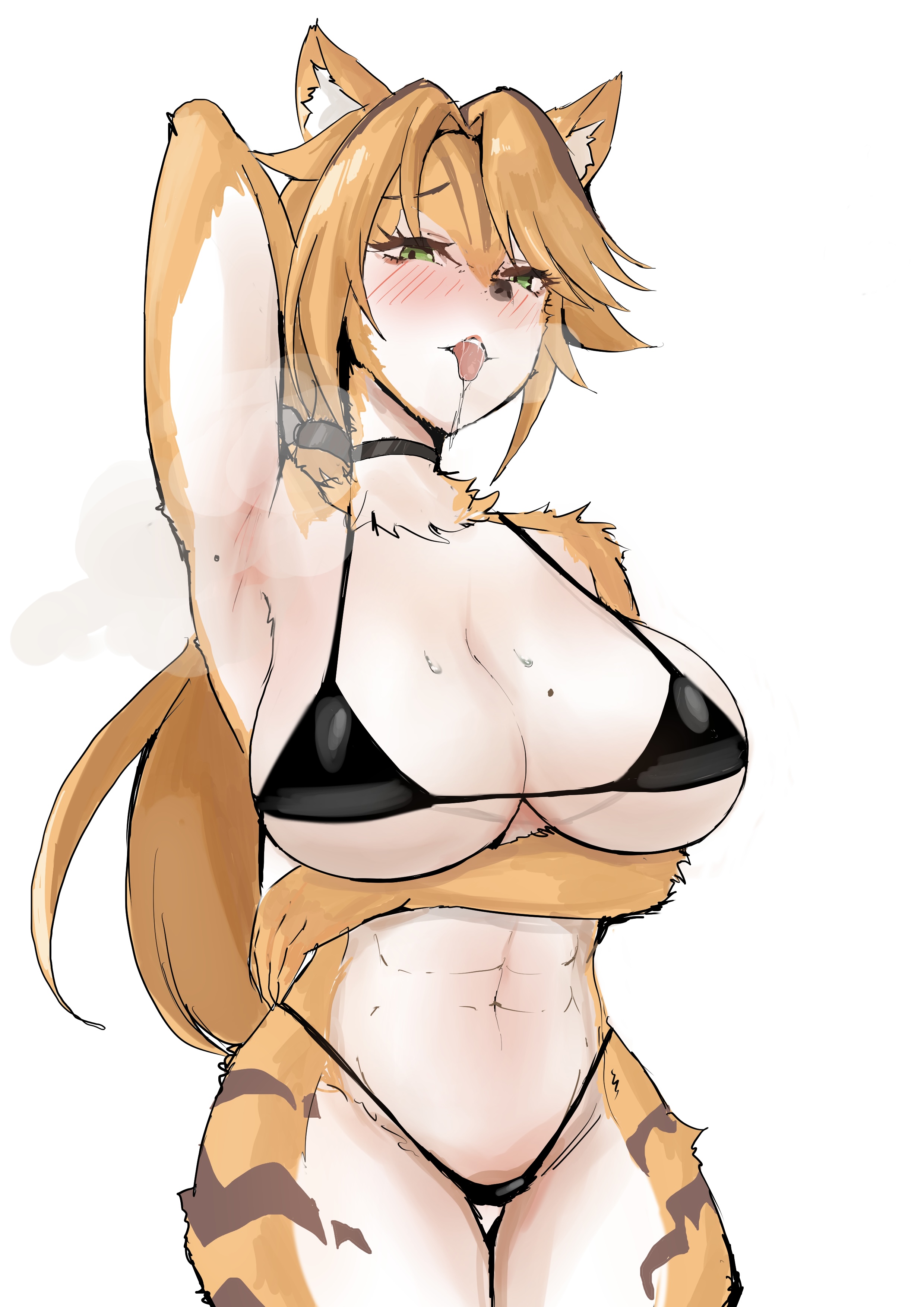 1girls, 2025, 2d, 2d (artwork), animal ears, arm up, artist request, big breasts, bikini, black bikini, blush, boobs, breasts, color, colored, digital media (artwork), female, female only, front view, fur, furry, furry female, green eyes, hi res, hoyoverse, huge breasts, large breasts, light skin, light-skinned female, looking at viewer, mihoyo, orange fur, orange hair, pulchra fellini, semi nude, simple background, solo, thick thighs, thighs, tits, tongue, tongue out, video game character, video games, white background, white fur, zenless zone zero