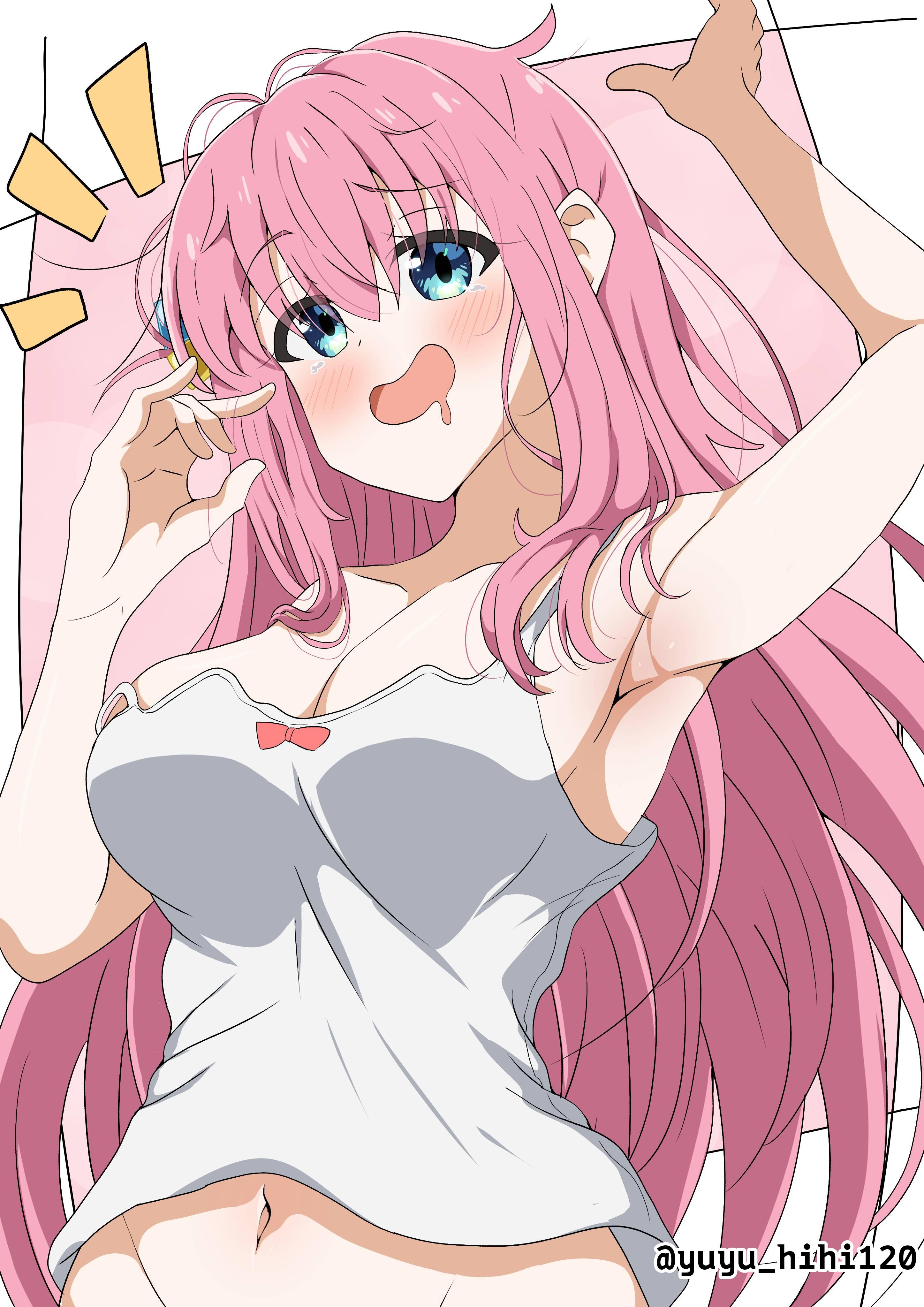 ///, 1girls, 2d, 2d (artwork), 2d artwork, anime, anime character, anime girl, arm above head, arm up, armpit, armpit crease, armpit focus, armpit peek, armpits, asian, asian female, asian girl, background, bare armpits, bare arms, bare chest, bare hands, bare hips, bare shoulders, bare skin, belly, belly button, below view, big boobs, big breasts, blank background, blue eyes, blue-eyed female, blush face, blush lines, blushing, blushing at viewer, blushing female, blushing lines, bocchi the rock!, breasts, busty, busty female, busty girl, busty teen, busty teenager, cleavage, cloverworks, collarbone, color, colored, digital, digital art, digital drawing, digital drawing (artwork), digital media, digital media (artwork), down angle, drawing, elbows, exposed armpits, exposed arms, exposed chest, exposed hips, exposed shoulders, exposed skin, eyebrows visible through hair, eyes, fanart, female, female focus, female only, female protagonist, fingers, flushed, flushed cheeks, flushed face, from below, from below view, from front, front view, gotou hitori, guitarist, hair between eyes, hair ornament, hairless armpits, hand above head, hand up, high school student, hips, hourglass figure, inguinal crease, inguinal ligament, japanese, japanese female, japanese girl, large boobs, large breasts, lean figure, long hair, looking at viewer, low angle, low angle view, low-angle shot, low-angle view, lower body out of frame, main character, manga character, midriff, monotone background, narrow waist, navel, one color background, open mouth, open mouth smile, parted lips, pink hair, pink-haired female, plain background, portrait, presenting armpit, protagonist, school girl, shaved armpits, shoulders, slender body, slender waist, slim female, slim waist, smile, smiley face, smiling, smiling at viewer, solid color background, solo, standing, tank top, teen girl, teenage female, teenage girl, teenage tits, teenager, tongue, top view, topwear, under view, upper body, white background, white tank top, white topwear, wide hips, young female, young woman