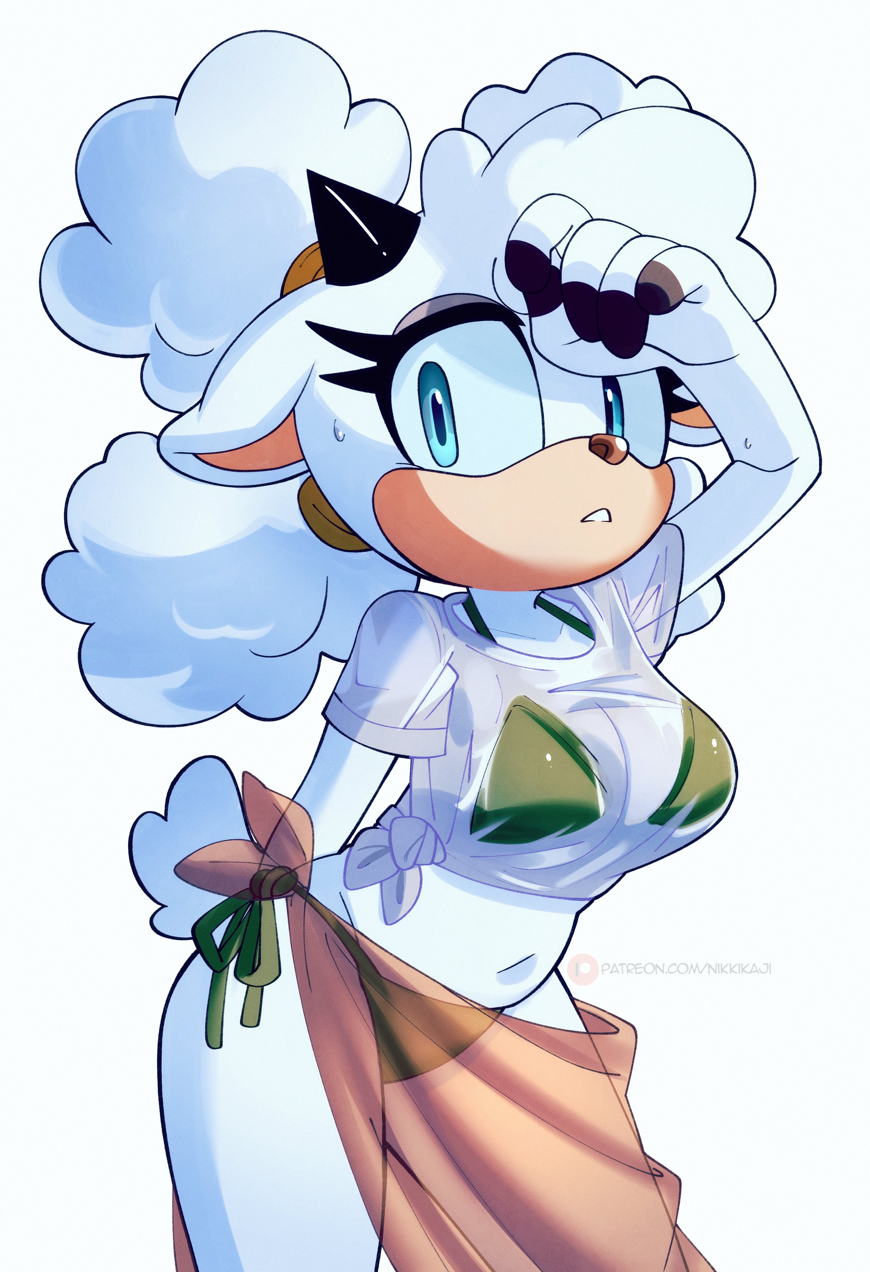 1girls, absurdres, alternate costume, animal ears, animal nose, arm behind back, arm up, big breasts, bikini, bikini under clothes, black horns, blue eyes, body fur, breasts, cleavage, collarbone, commentary, earrings, english commentary, eyeshadow, furry, furry female, green bikini, highres, horns, jewelry, lanolin the sheep, large breasts, looking at viewer, makeup, midriff, navel, nikkikaji, parted lips, sarong, see-through clothes, see-through shirt, sega, sheep ears, sheep girl, shirt, short sleeves, side-tie bikini bottom, single horn, solo, sonic (series), sonic the hedgehog (idw), sonic the hedgehog (series), standing, stomach, sweat, swimsuit, t-shirt, tail, tied shirt, wet, wet clothes, wet shirt, wet t-shirt, white fur, white hair, white shirt