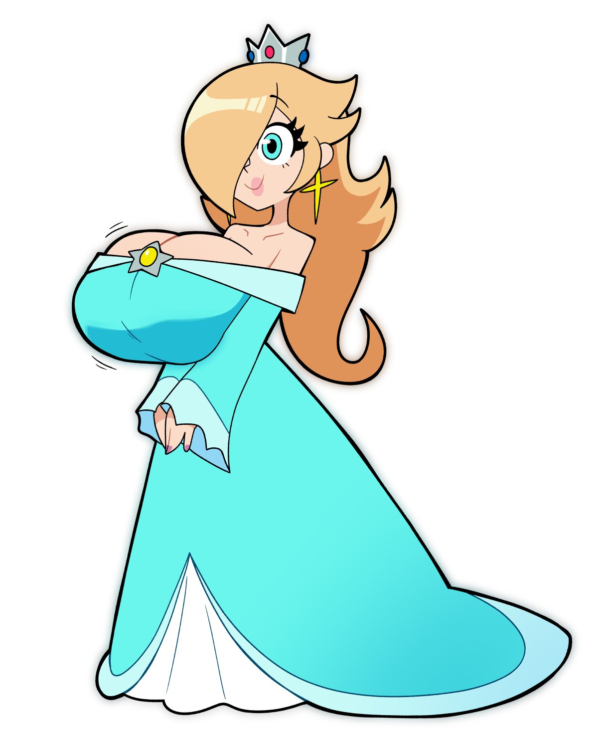 1girls, blonde hair, blue eyes, breasts, cleavage, crown, dress, earrings, eyelashes, female, female focus, female only, gigantic breasts, large breasts, mario (series), nintendo, princes, princess rosalina, scott falco, scottfalco (artist), simple background, smile, super mario bros., super mario galaxy, white background