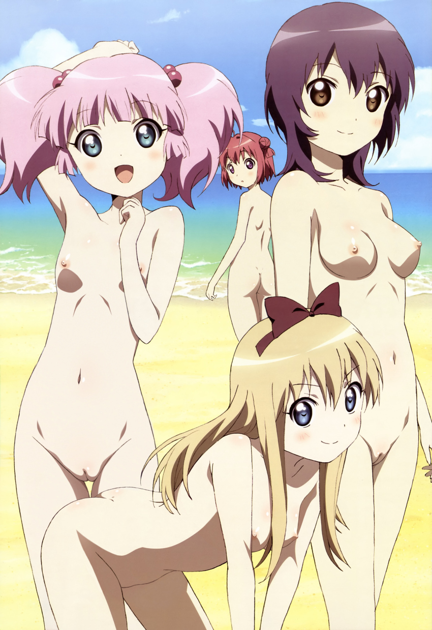 4girls akari_akaza beach black_hair blonde_hair blue_eyes blush breasts brown_eyes cloud clouds edit funami_yui hair_ornament hair_ribbon long_hair looking_back medium_breasts medium_hair multiple_girls nipples nude nude_female official_art pink_hair purple_eyes red_hair sand short_hair sky tied_hair toshinou toshinou_kyouko uncensored vagina water yoshikawa_chinatsu yuruyuri