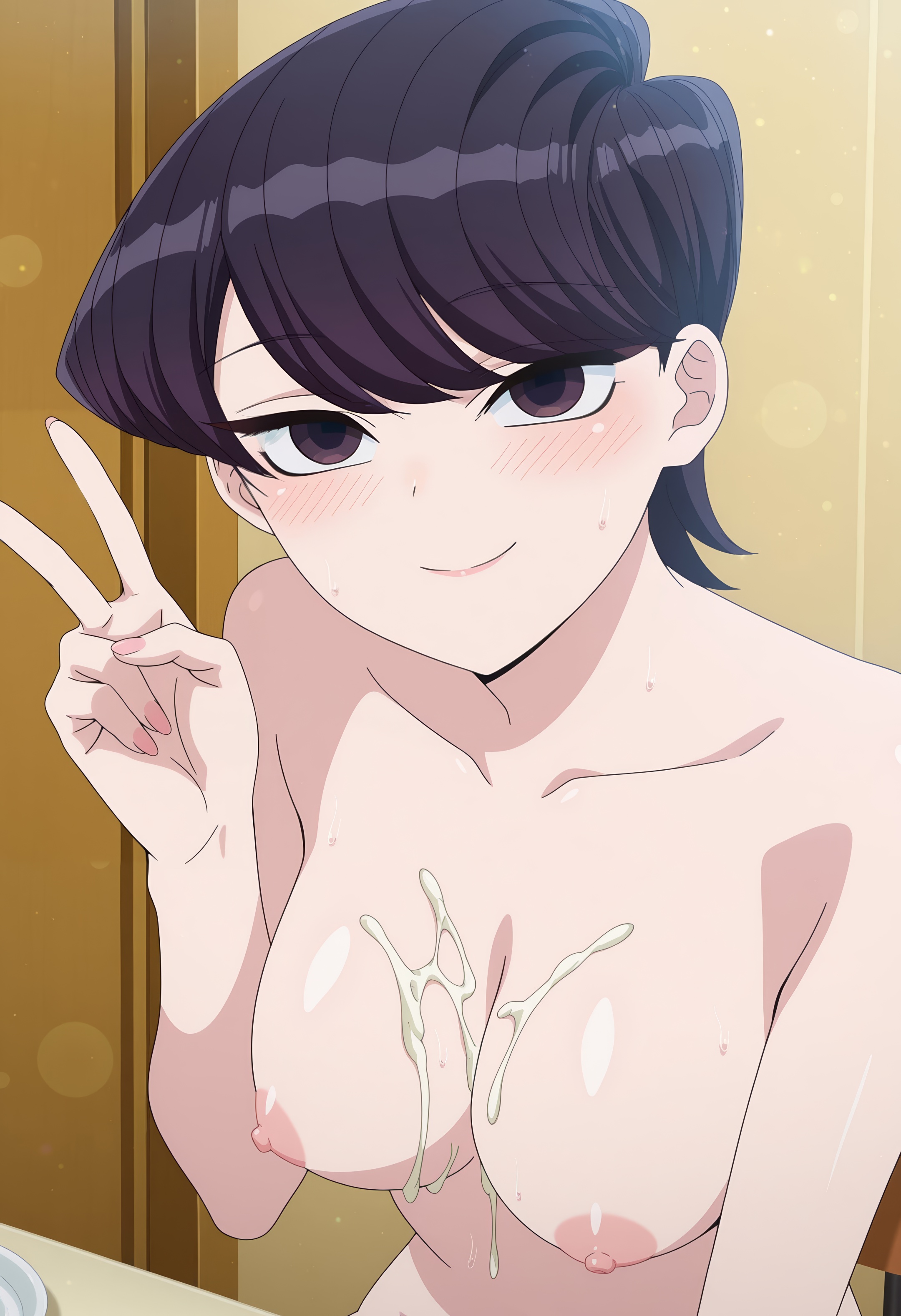 1girl, ai generated, anime, anime style, black eyes, black hair, blush, breasts, closed mouth, collarbone, completely nude, cum, cum on body, cum on breasts, hand up, hentai, hi res, indoors, komi shouko, komi shuuko, komi-san wa komyushou desu, large breasts, looking at viewer, mature female, mystic maidens, nipples, nude, patreon, short hair, shuuko komi, smile, solo, upper body, v