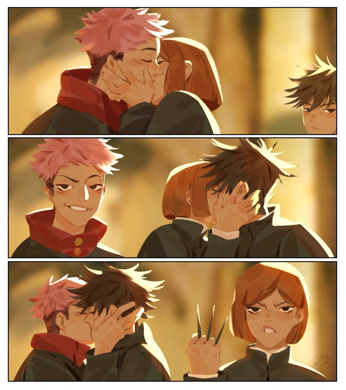 1girls, 2boys, bisexual, bisexual threesome, female, flipping off, flipping the bird, fushiguro megumi, group, hand on face, itadori yuuji, jujutsu kaisen, kissing, kugisaki nobara, making out, male, male/female, male/male, meme, nobara kugisaki, pink hair, threesome