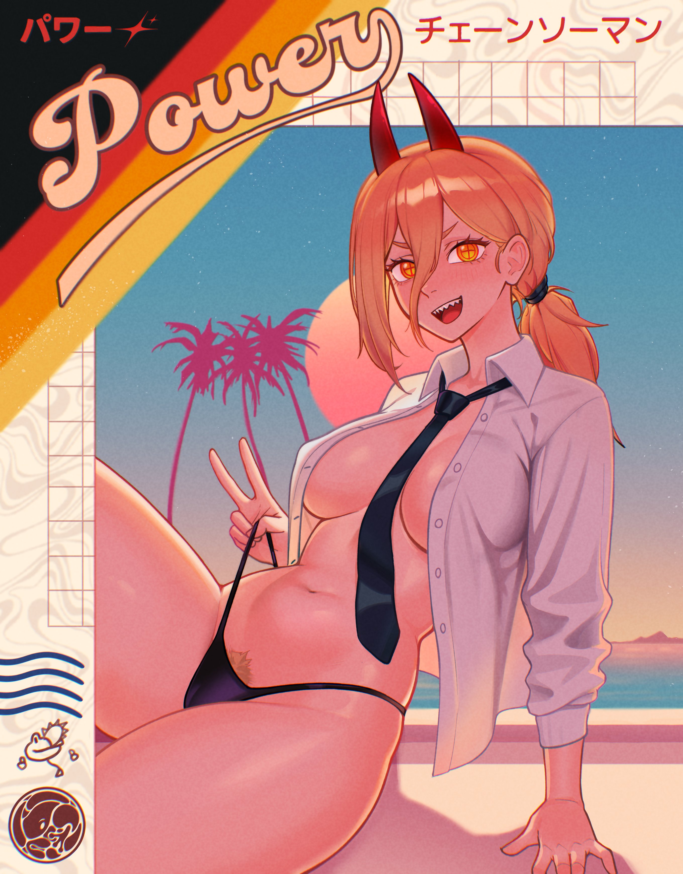 1girls, alternate version available, black thong, blonde hair, blonde pubic hair, blush, breasts, chainsaw man, character name, cleavage, demon, demon girl, demon horns, female, female only, hair, horns, medium breasts, necktie, neckwear, open shirt, ponytail, power (chainsaw man), pubes, pubes exposed, pubic hair, pubic hair peek, ronokay, sharp teeth, shirt, solo, solo female, thighs, thong, tied hair, topwear, white shirt, yellow eyes