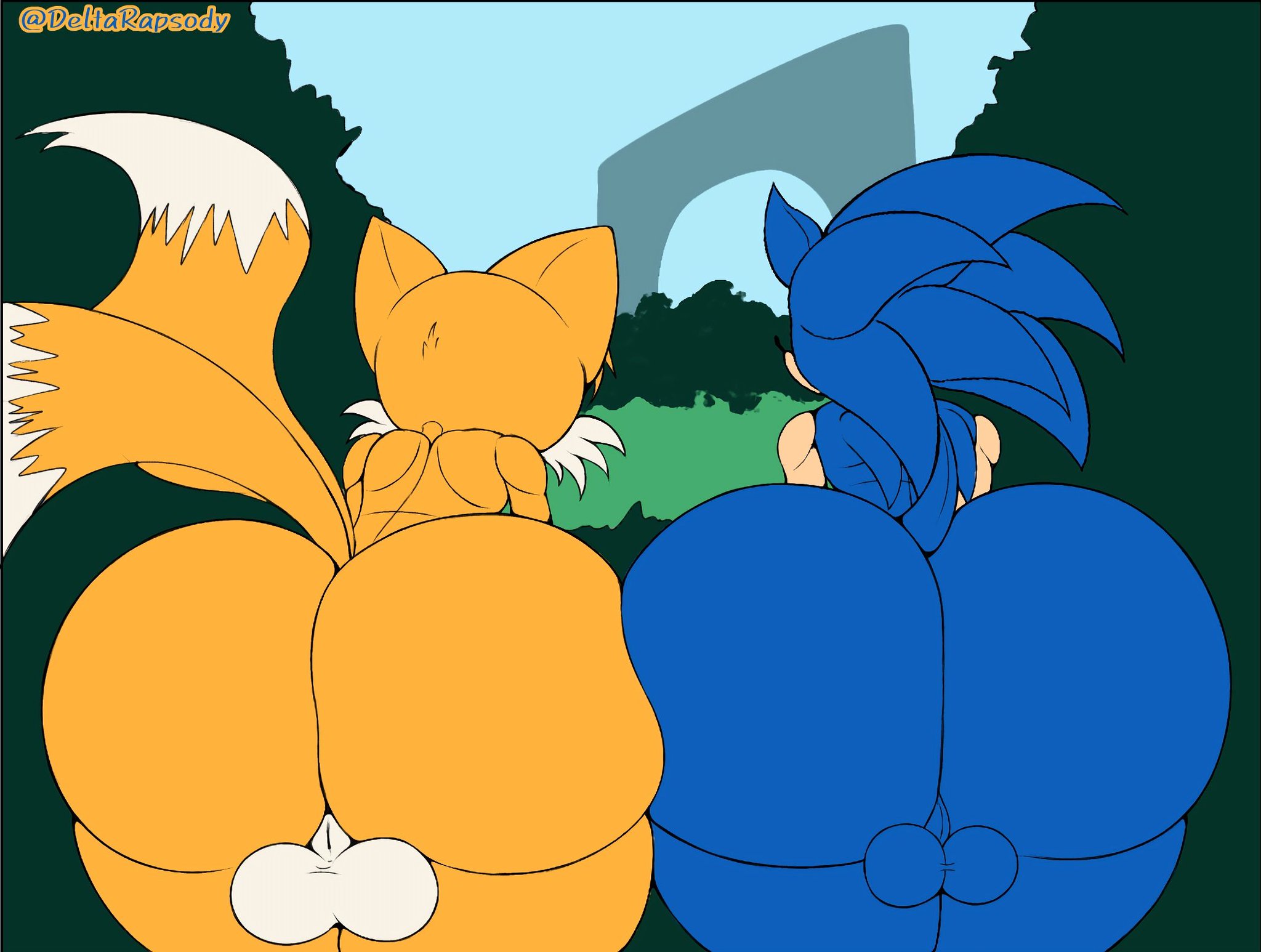 2boy, age difference, anthro, artist name, ass, balls, ballsack, big ass, big butt, blue body, blue skin, bottomwear, butt, butt focus, buttocks, canid, canine, canis, clothing, deltarapsody, digital media, duo, duo focus, eulipotyphlan, eulipotyphlan humanoid, fat ass, fat butt, femboy, fox, fox ears, fox tail, fur, genitals, hair, hedgehog, hi res, huge ass, huge butt, long ears, looking away, male, male only, mammal, massive ass, miles prower, mobian (species), outdoors, penis, piercing, plant, red fox, sega, shirt, short tail, shrub, sonic (series), sonic the hedgehog, sonic the hedgehog (series), spines, tail, tails the fox, text, thick thighs, topwear, true fox, visible balls, wide hips, yellow body