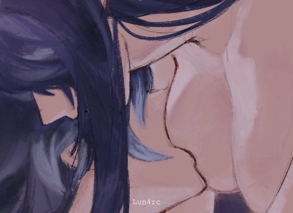 big breasts, blue hair, breast sucking, busty, busty female, dark blue hair, flins (genshin impact), fully nude, genshin impact, lauma (genshin impact), long hair, male/female, nipples in mouth, pale skin, sucking nipples