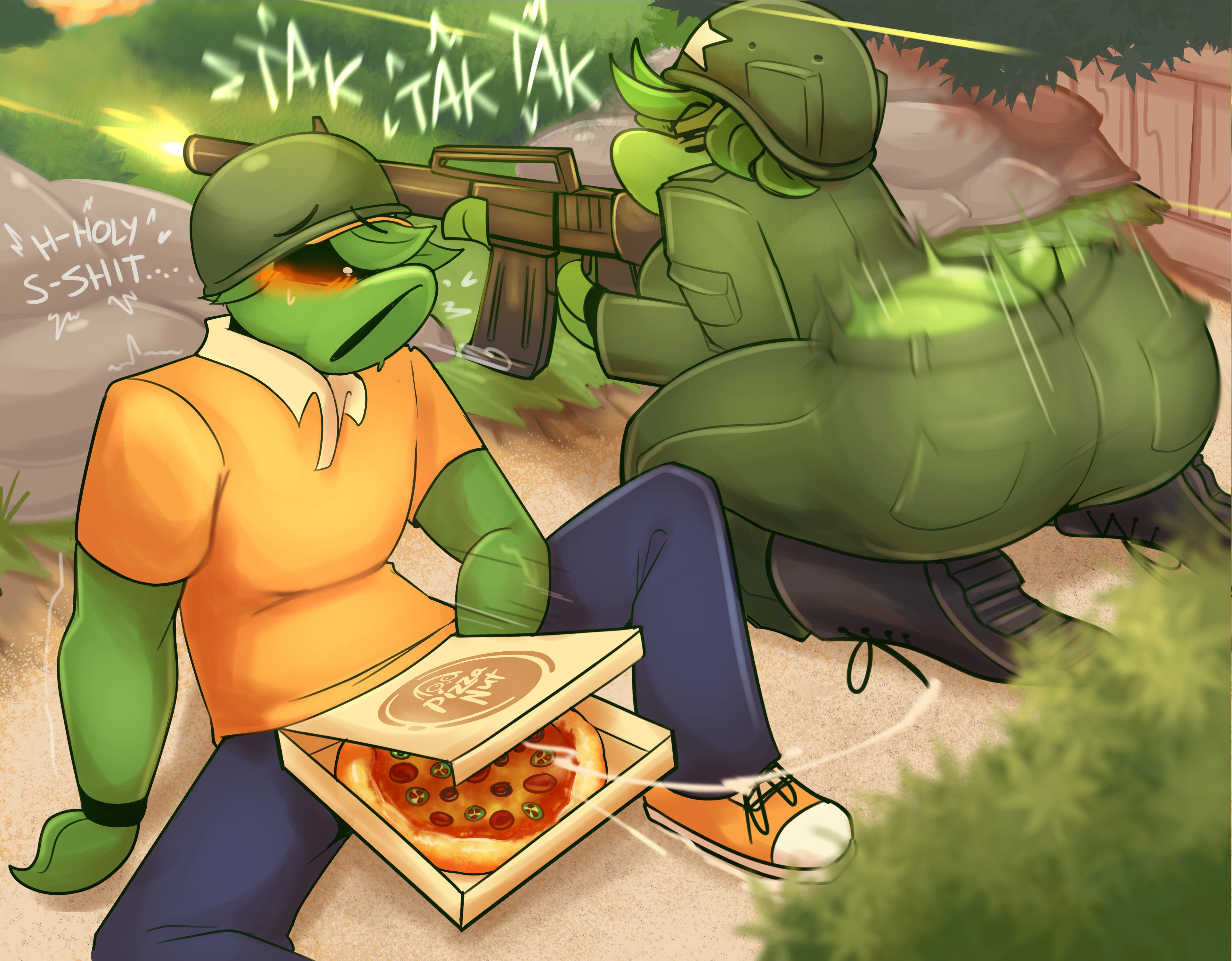 1boy, 1girls, ass, big ass, big breasts, big thighs, bounce, bouncing, bouncing ass, breasts, dialogue, female, gatling pea (pvz), gigantic ass, green body, green hair, green skin, gun, helmet, huge ass, huge breasts, huge thighs, leaves, leaves hair, leaves in hair, looking at ass, male, peashooter (pvz), pizza, pizza box, pizza delivery, plant, plant girl, plant humanoid, plants vs zombies, plants vs. zombies, shaking, shaking ass, shooting, soldier, srrealleaf, text, thick thighs, thong, weapon