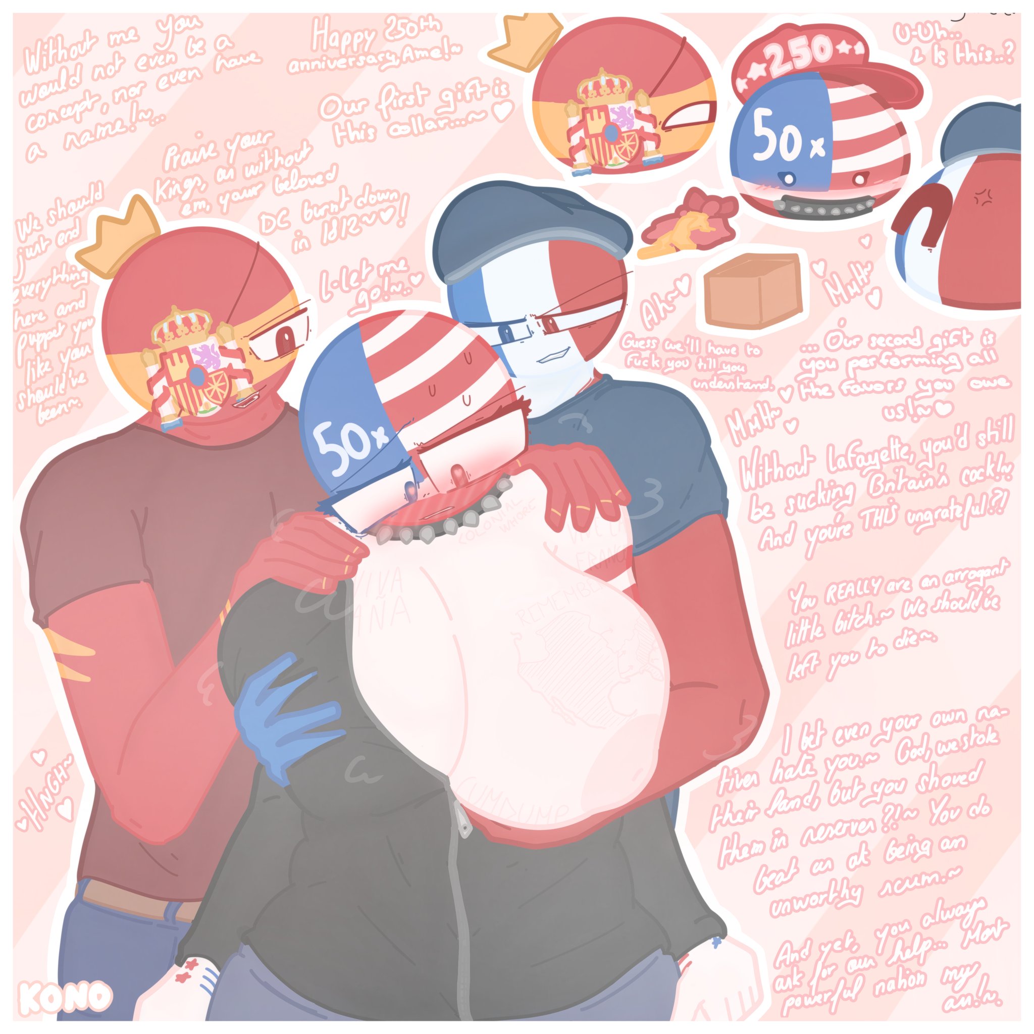 1female, 1girls, 1woman, 1women, 2boys, 2male, 2males, 2man, 3people, american female, artist name, artist signature, big breasts, blue eye, blue pupil, blushing, blushing lines, box, breast out, breasts, breasts bigger than head, breasts focus, clothed, clothing, collar, countryballs, countryhumans, countryhumans boy, countryhumans girl, dialogue, dirty talk, european male, france (countryhumans), french man, grabbing, grabbing another, grabbing another's breast, grabbing breasts, grabbing shoulders, hatred, heart, huge breasts, i hate this, konoboyhe, large breasts, massive breasts, nsfw, one boob out, one breast exposed, one breast out, one breast out of clothes, one breasts out, pink background, pupils, red eye, red eyes, red pupils, red skin, red skinned male, shocked, shocked expression, smiling, smiling male, spain (countryhumans), talking, talking to another, united states of america (countryhumans), white boobs, white breasts, white skinned female, xenophobia