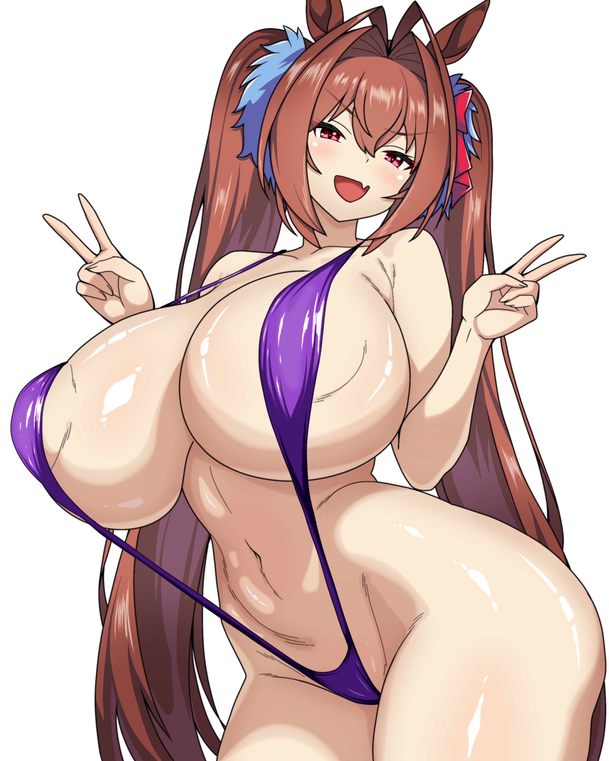 :d, 1girls, a-sui, absurdres, animal ears, bare arms, blush, breasts, brown hair, curvy, daiwa scarlet (umamusume), double v, fang, female, hair ornament, hair ribbon, highres, horse ears, horse girl, huge breasts, looking at viewer, navel, open mouth, purple slingshot swimsuit, red eyes, red ribbon, ribbon, simple background, skin fang, slingshot swimsuit, smile, solo, standing, swimsuit, thick thighs, thighs, umamusume, underboob, v, v-shaped eyebrows, white background