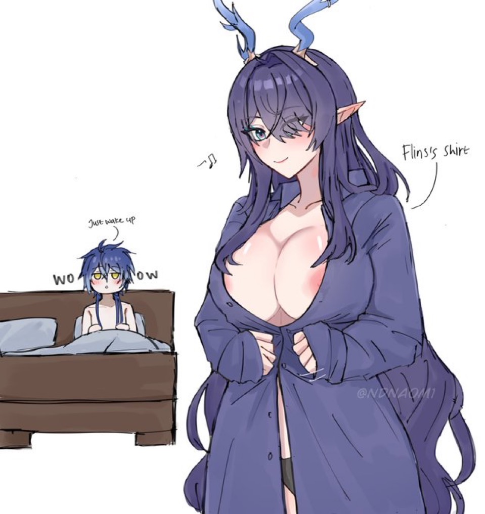 1boy1girl, after sex, antlers, areolae, areolae peek, big breasts, blush, busty, busty female, curvy, curvy female, flins (genshin impact), fully nude male, genshin impact, hair over one eye, lauma (genshin impact), long ears, long hair, male/female, ndnaom1, nipple peek, nipples, open clothes, panties, pink areola, pink nipples, purple hair, shirt, unbuttoned shirt