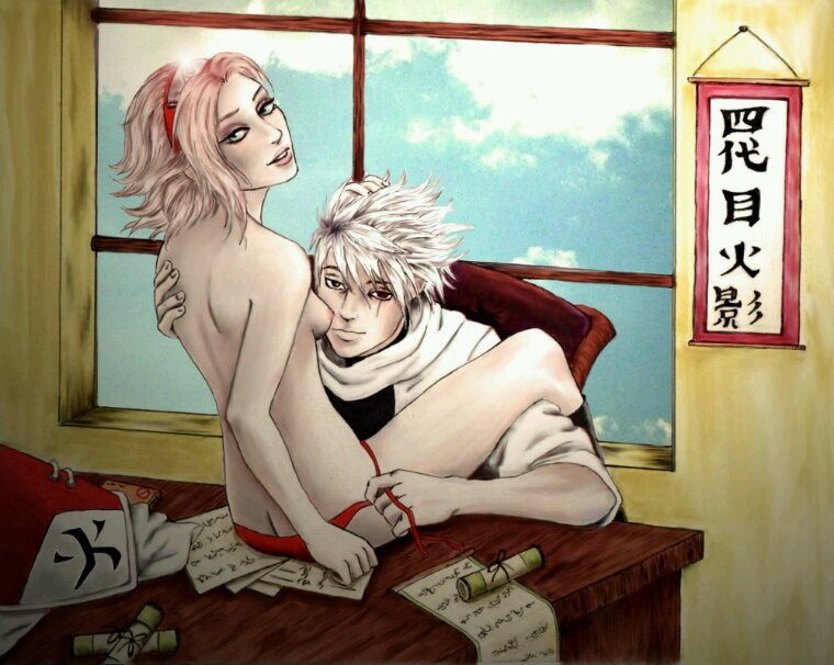 1boy 1girls age_difference being_undressed female hatake_kakashi hokage hokage_hat hokage_office japanese_text leg_on_shoulder male male/female naruto naruto_(series) naruto_shippuden older_male on_desk pink_hair red_panties sakura_haruno small_breasts straight untied_panties white_hair younger_female