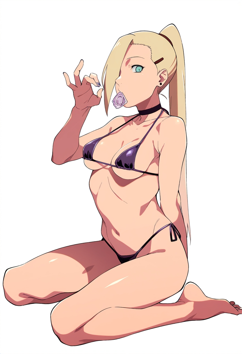 ai_generated barefoot bikini blonde_hair cleavage condom condom_in_mouth feet fellatio_gesture female female_only full_body gesture ino_yamanaka inviting inviting_to_sex kezebyku kneeling long_hair looking_at_viewer micro_bikini nail_polish naruto naruto_(series) naruto_shippuden on_knees plain_background ponytail revealing_swimsuit simple_background swimsuit very_long_hair white_background