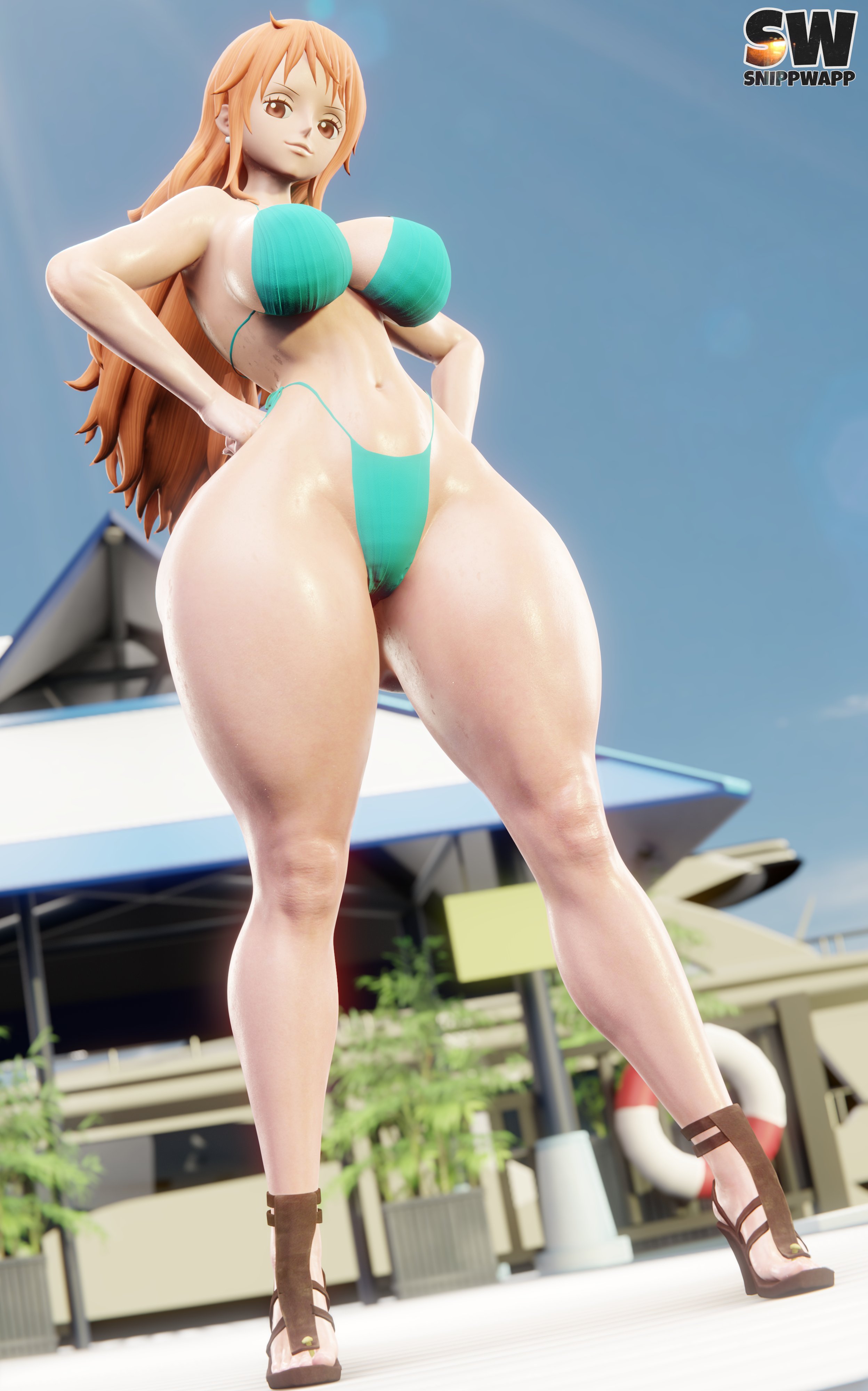 1girls, 3d, 3d (artwork), artist logo, big breasts, big hipped, big hips, bikini, bikini bottom, bikini top, blender, blender (software), blender eevee, breasts, curvaceous, curvy, curvy body, curvy female, curvy figure, female, female only, high heels, hips, hourglass figure, huge breasts, huge hips, large breasts, large hips, nami (one piece), one piece, orange hair, post-timeskip, shounen jump, snippwapp, thick thighs, thighs, thong bikini, voluptuous, voluptuous female, wide hips