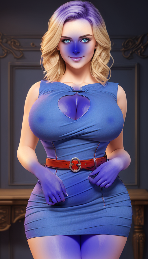 ai_generated big_breasts blonde_hair blue_clothing blue_dress blue_skin blueberry blueberry_inflation breast_expansion breasts cleavage expansion hips inflation