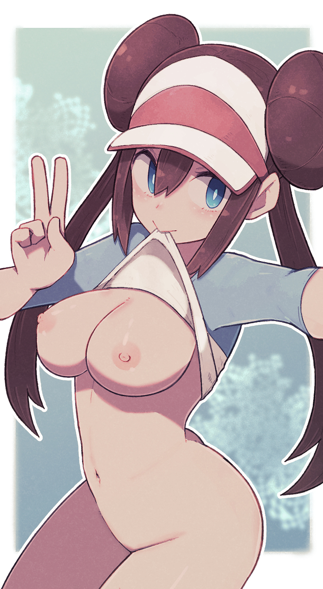 1girls, blue eyes, bottomless, braless, breasts, brown hair, double bun, female, female protagonist, human, lamb-oic029, large breasts, light skin, light-skinned female, long hair, nipples, peace sign, pokemon, rosa (pokemon), shirt in mouth, shirt lift, solo, straight hair