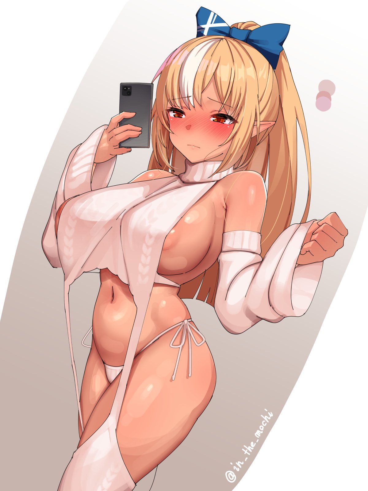 areola_slip ayagi_daifuku cellphone embarrassed full-face_blush heavy_blush hololive hololive_fantasy hololive_japan huge_breasts shiranui_flare sideboob signature taking_selfie thick_thighs top_heavy twitter_username virgin_destroyer_sweater virtual_youtuber wide_hips